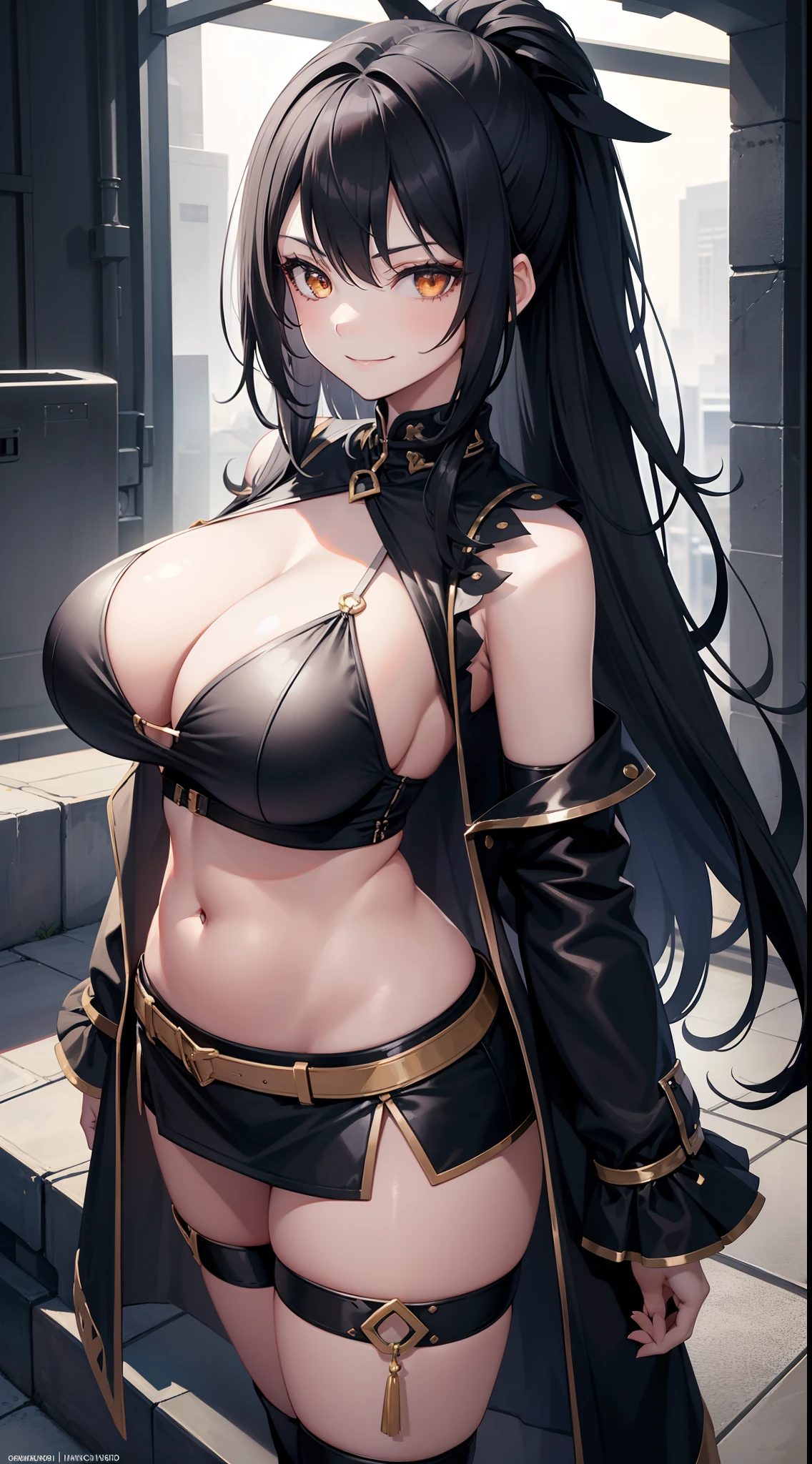 young girl, short black and white hair, golden eyes, smirk, big breastes, Goth's clothes, open breasts, open belly, Sleeveless, short skirt, stocklings, Masterpiece, hiquality, 4k, HD, Good detail