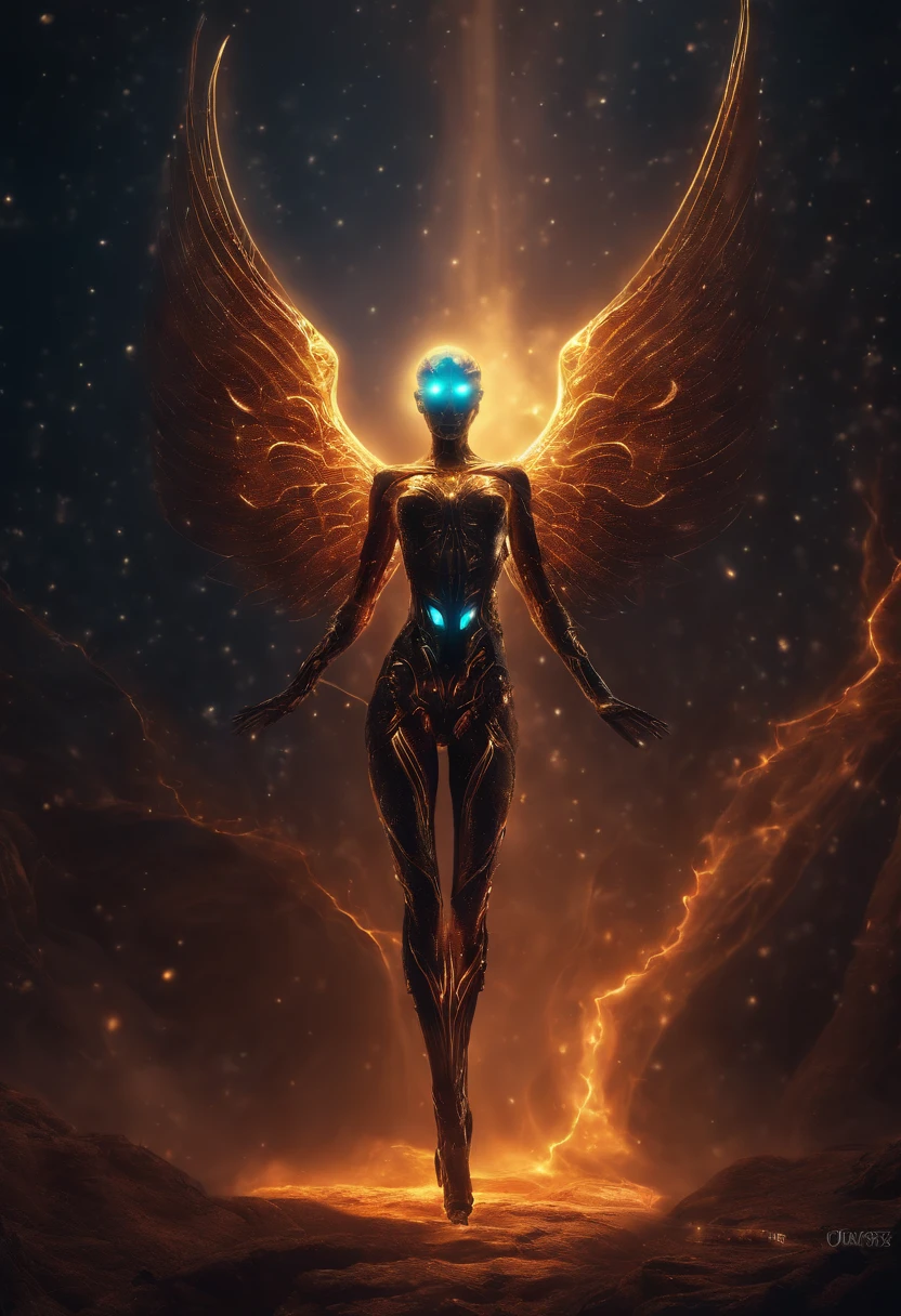 Fallen Angels of the Universe, glowing light eyes, biomechanical, eery, creepy, nightmarish, Very bright colors, light Particle, with light glowing, Musif, Wallpaper Art, UHD Wallpapers