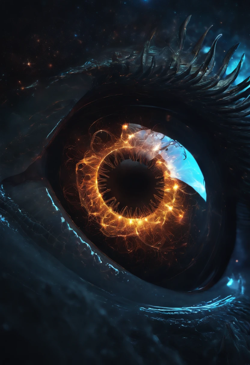 Fallen Angels of the Universe, glowing light eyes, biomechanical, eery, creepy, nightmarish, Very bright colors, light Particle, with light glowing, Musif, Wallpaper Art, UHD Wallpapers