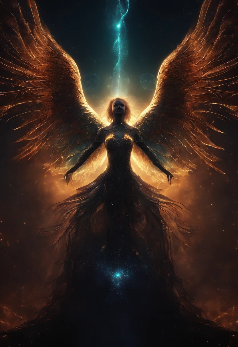 Fallen Angels of the Universe, glowing light eyes, biomechanical, eery, creepy, nightmarish, Very bright colors, light Particle, with light glowing, Musif, Wallpaper Art, UHD Wallpapers