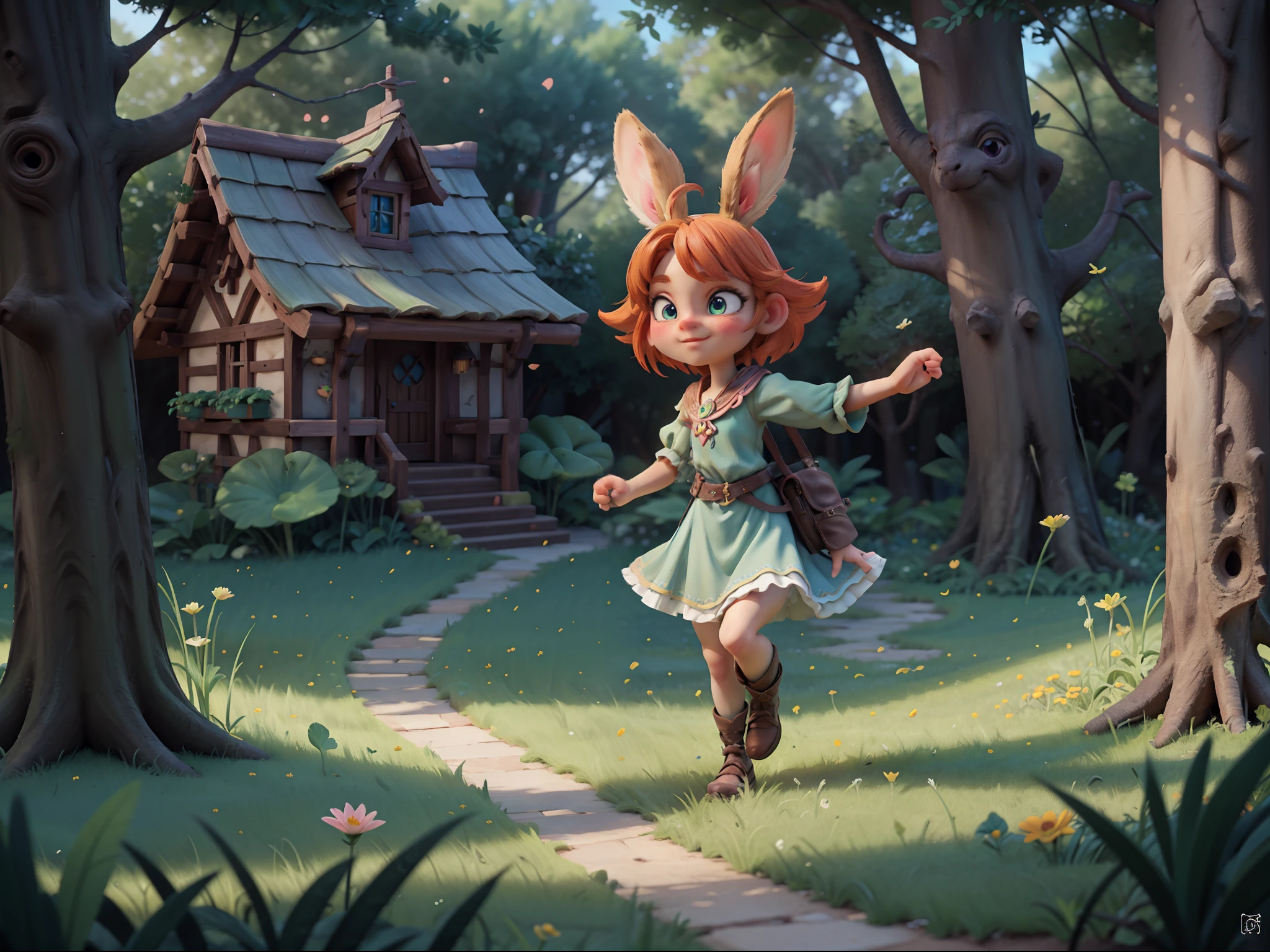 3d render, animated movie screencap, rabbit's adventure, vibrant and colorful scene, expressive eyes, playful and mischievous expression, lush and whimsical garden setting, tall grass and flowers, magical atmosphere, sunlight filtering through the trees, vibrant and saturated color palette, dynamic lighting, realistic textures, high-quality animation, expertly crafted backgrounds, visually stunning landscapes, attention to detail, immersive storytelling, enchanting and captivating visuals, magical creatures and characters, epic and thrilling moments, heartwarming and emotional scenes, visually striking and memorable shots, cinematic masterpiece.