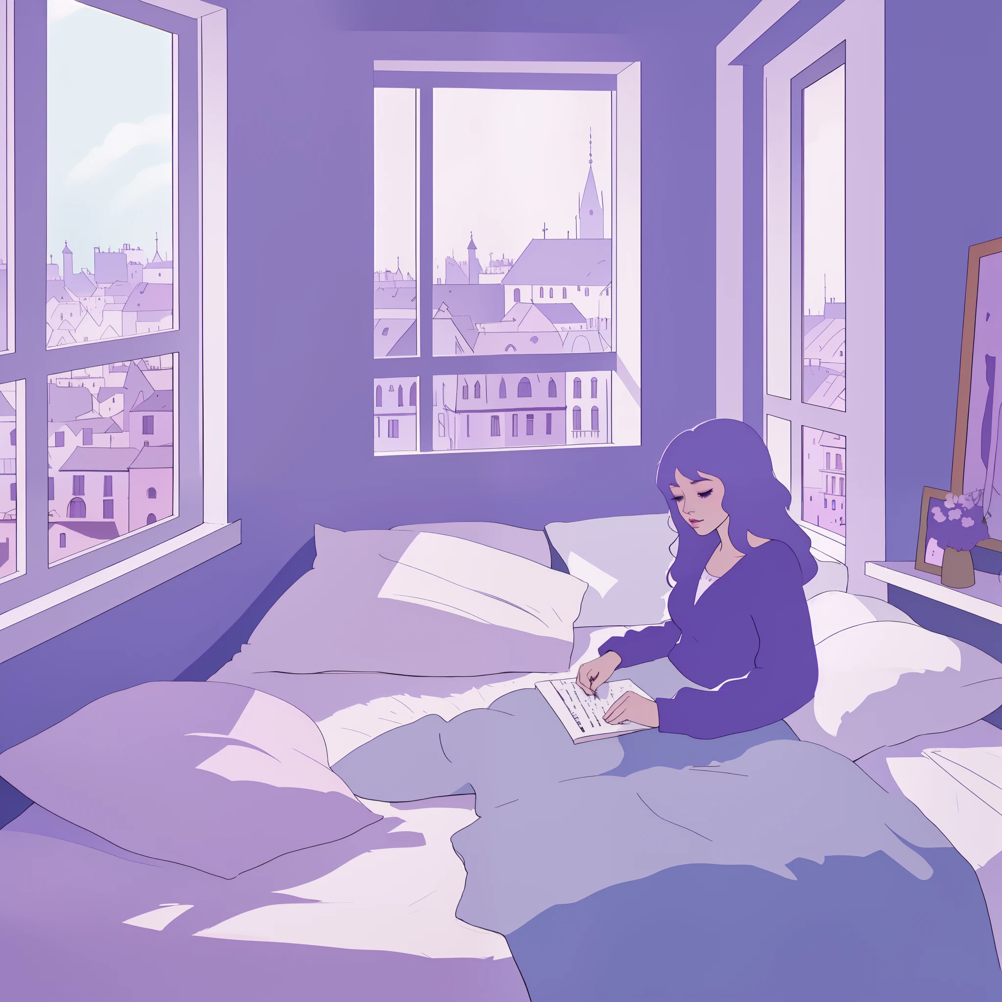 girl listeting to music in bed near the window, beautifu view of a city behind window, cozy room, purple and blue tones,