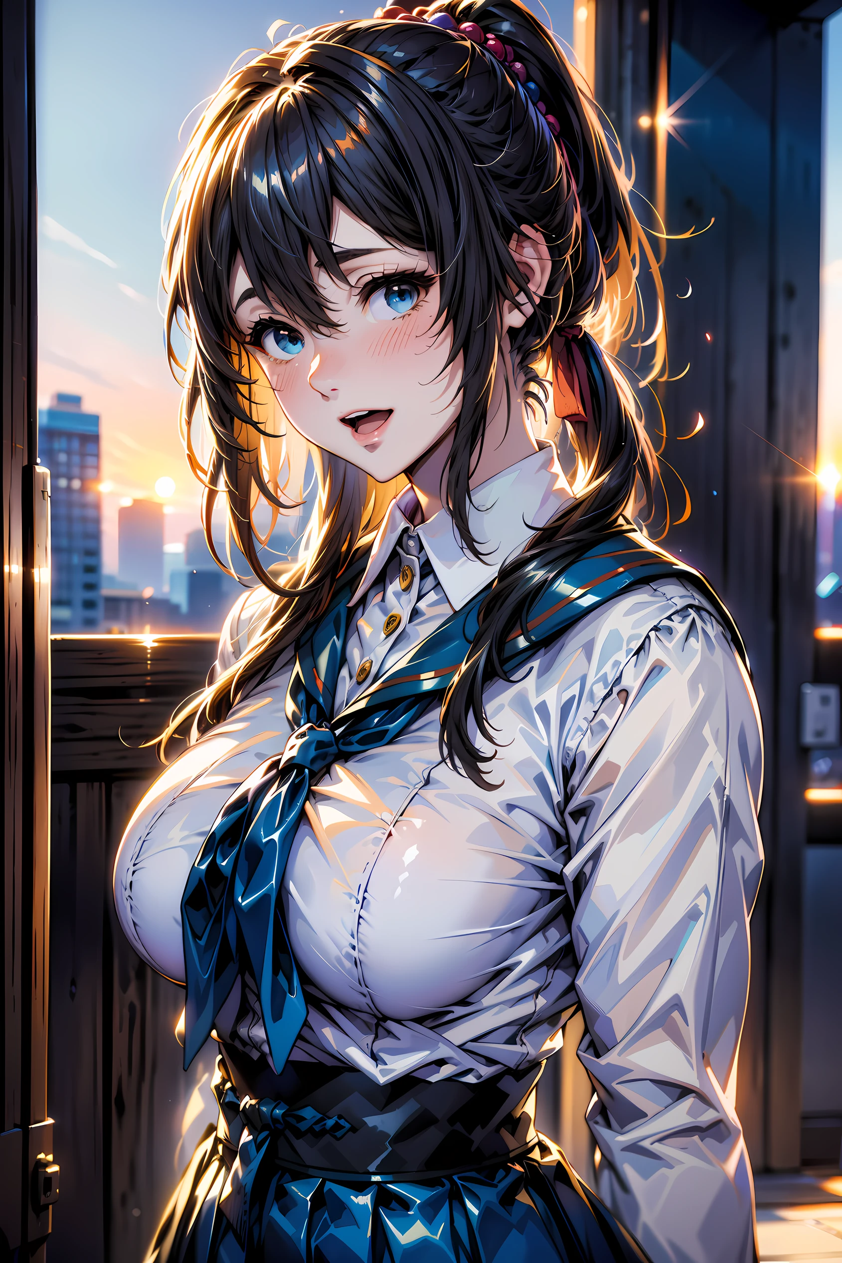 3d animation, (1girl:1.3, solo), (japanese school girl), (upper body:1.3), (She walks along the dimly lit path of the riverbank.:1.2), (random posing:1.3), highly detailed eyes and pupils, realistic skin, ((attractive body, gigantic breast:1.38, disproportionate breasts:1.38, thin waist:1.15)), medium-length thin hair, ((bobbles ponytail:1.3), (shiny-black hair:1.3),extremely detailed hair, delicate sexy face, sensual gaze, shiny lips, BREAK, (japanese school girl uniform:1.3), (white collared sailor shirt:1.3), (dark-blue pleats skirt:1.3), (panpos:1.3), (japanese clothes:1.3), detailed clothes, BREAK, (outdoor:1.2), (blurry background:1.25, simple background, detailed background), (under sunset:1.37), BREAK, ((realistic, super realistic, realism, realistic detail)), perfect anatomy, perfect proportion, hyper sharp image, (attractive emotion, seductive smile:1.2, happy:1.2, blush:1.2, :d:1.2, :p:1.2), ((4fingers and thumb:1.2)), perfect human hands, wind, BREAK, (Masterpiece, best quality, photorealistic, highres, photography, :1.3), ultra-detailed, sharp focus, professional photo, commercial photo, shadows, contrast, clear blue sky, constellations, peaceful, serene, quiet, tranquil, remote, secluded, adventurous, exploration, escape, independence, survival, resourcefulness, challenge, perseverance, stamina, endurance, observation, intuition, adaptability, creativity, imagination, artistry, inspiration, beauty, awe, wonder, gratitude, appreciation, relaxation, enjoyment, rejuvenation, mindfulness, awareness, connection, harmony, balance, texture, detail, realism, depth, perspective, composition, color, light, shadow, reflection, refraction, tone, contrast, foreground, middle ground, background, naturalistic, figurative, representational, impressionistic, expressionistic, abstract, innovative, experimental, unique