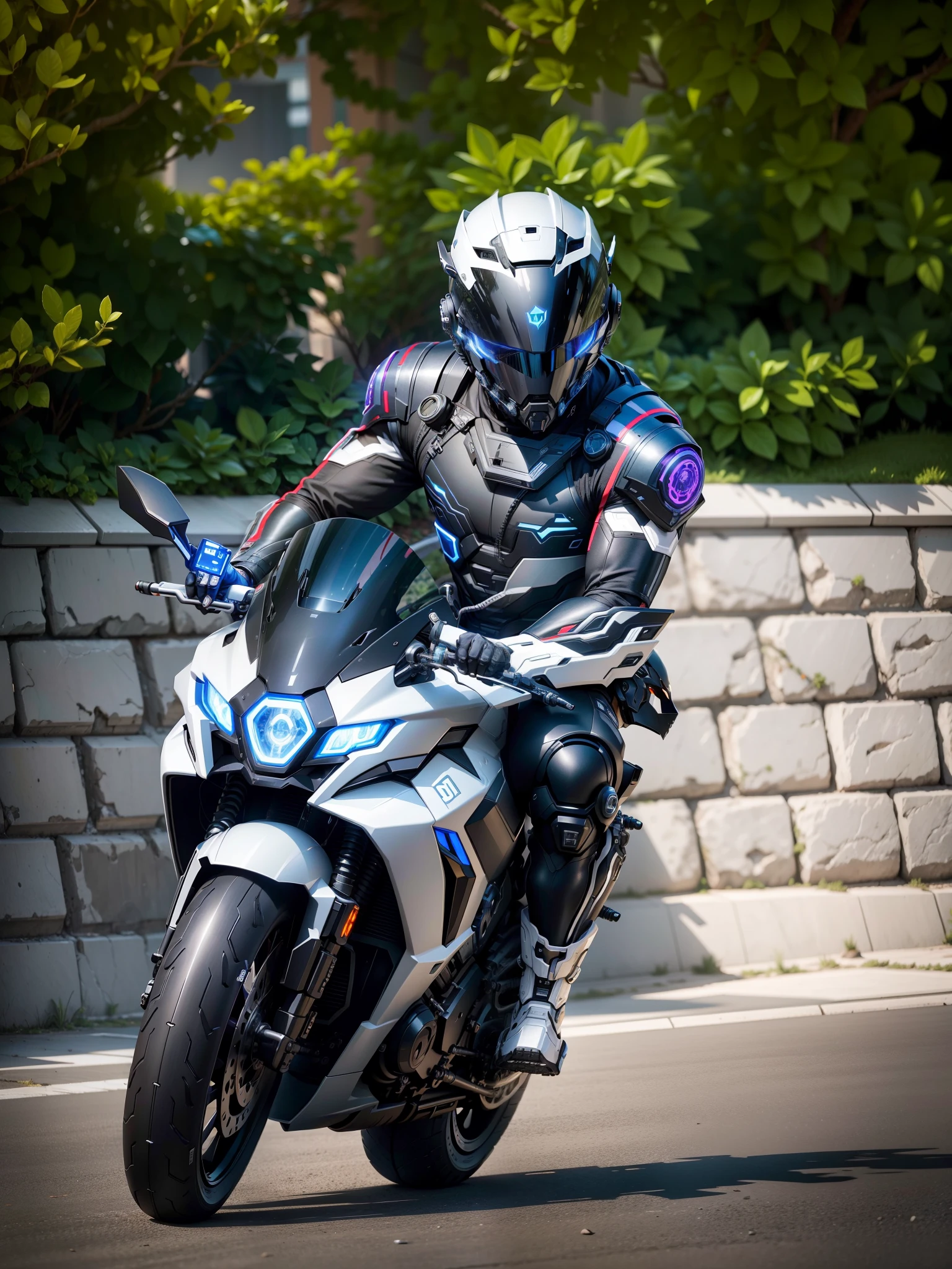 Handsome cyber handsome warrior with black mech，Black Cyber mechanical motorcycle，High-tech black full enveloping helmet，with short white hair，Nousr， Biomechanicals， MSHN Robot Man，High-tech helmet，hyper realisitc， Steel， Complex design， insanely details， finely detailled， Extremely clear lines， cinmatic lighting， photograph realistic， A detailed masterpiece