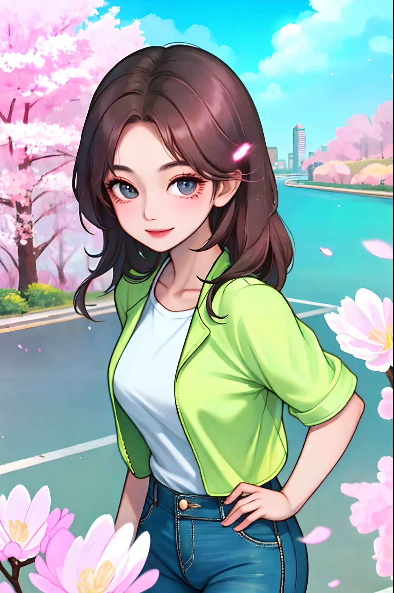 (Masterpiece, Best quality), 1lady, Beautiful, Real picture, (Upper body), face, Effortlessly cool, Front, Narrow waist, Wide buttock, Jacket, T-shirt, City, view the viewer, Light smile, Depth of field, (cherry blossom), Lens flare, Clouds