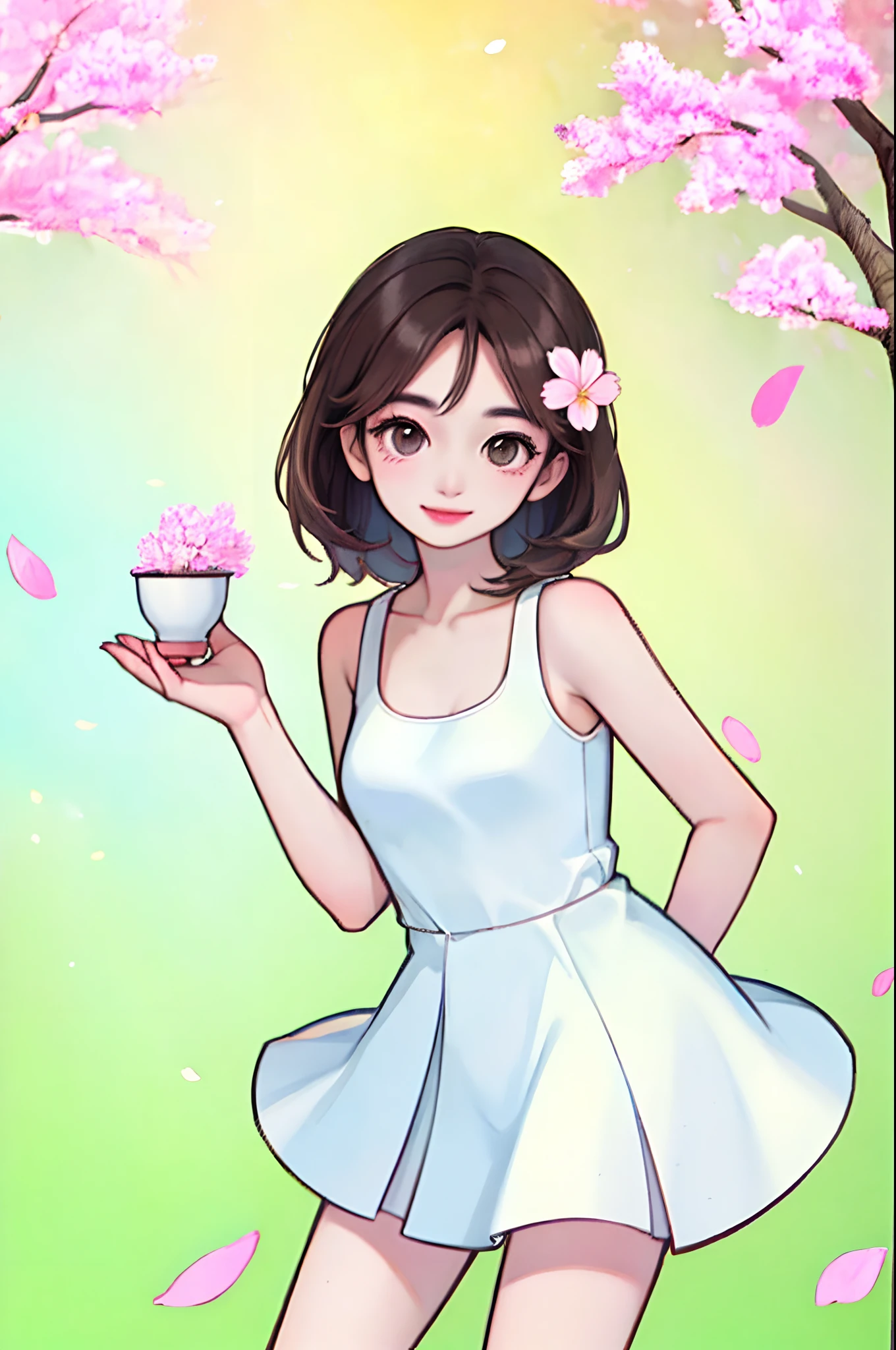 (Masterpiece, Best quality), 1girll, (Small face), Sharp eyes, Breasts, Light smile, Colorful, Cherry blossoms, Leaves, standing, gradient backgrounds, (cowboy_Shot), Real picture