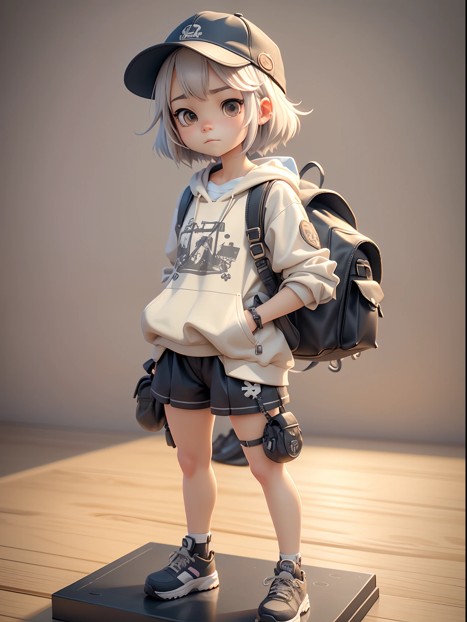 Create a very pale skinned girl, short hair like a boy's wolf cut, slim, a green shirt with black and a white t-shirt, black shorts that reach mid-thigh, Olive green eyes and Japanese eyes, cara slim, Pointy ears and burgundy vans. Red elbows and knees