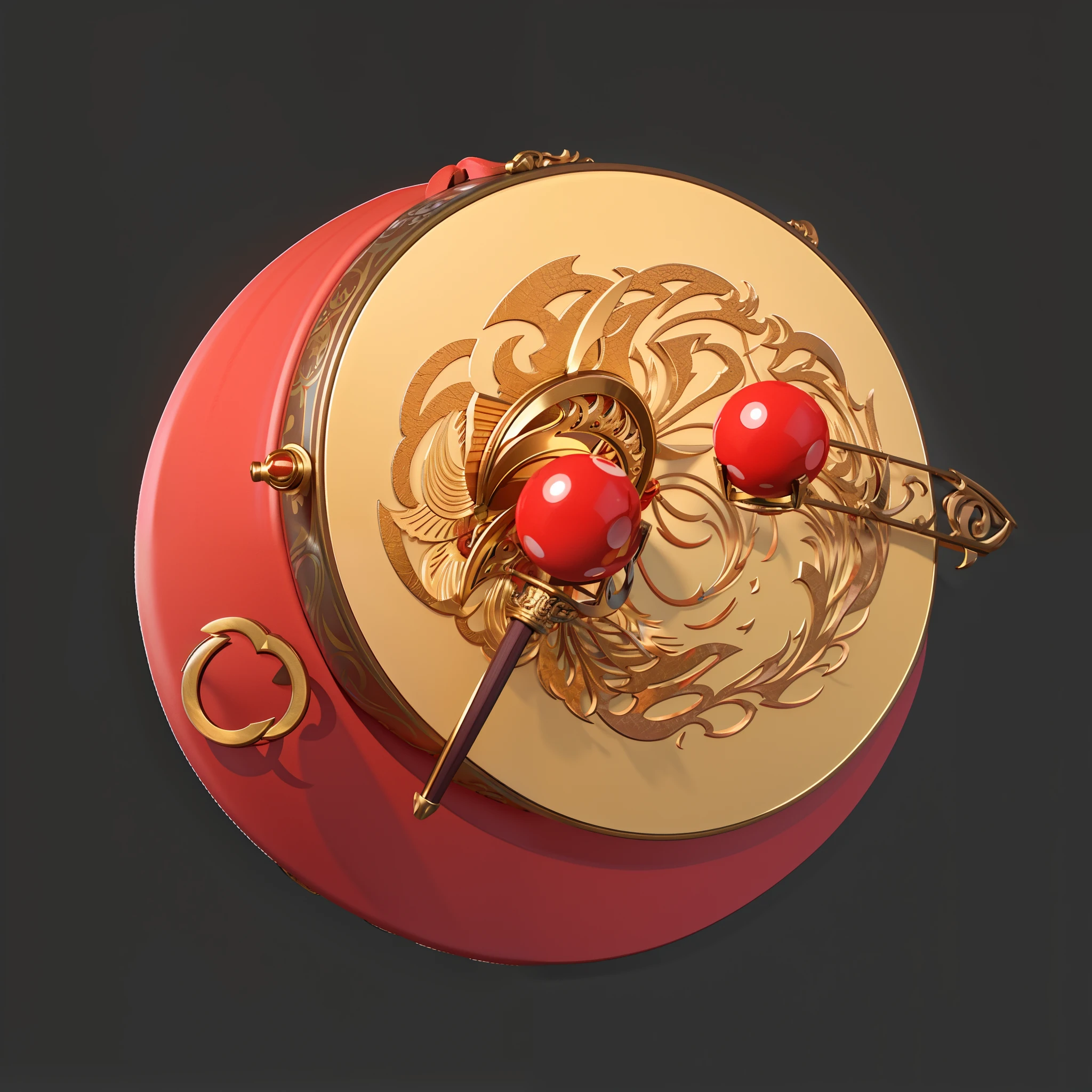 There is a red and gold drum，There are two red balls, 3 d icon for mobile game, game icon asset, inspired by Gong Xian, game icon stylized, game assets, Onmyoji detailed art, mobile game asset, rpg item render, gong, Inspired by Gong Li, role-playing game items, inspired by Park Hua, Stylized game art, 3d game object