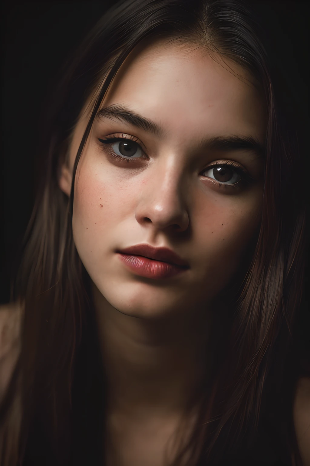 (close-up, editorial photograph of a 21 year old woman), (highly detailed face:1.4) (smile:0.7) (background inside dark, moody, private study:1.3) POV, by lee jeffries, nikon d850, film stock photograph ,4 kodak portra 400 ,camera f1.6 lens ,rich colors ,hyper realistic ,lifelike texture, dramatic lighting , cinestill 800,