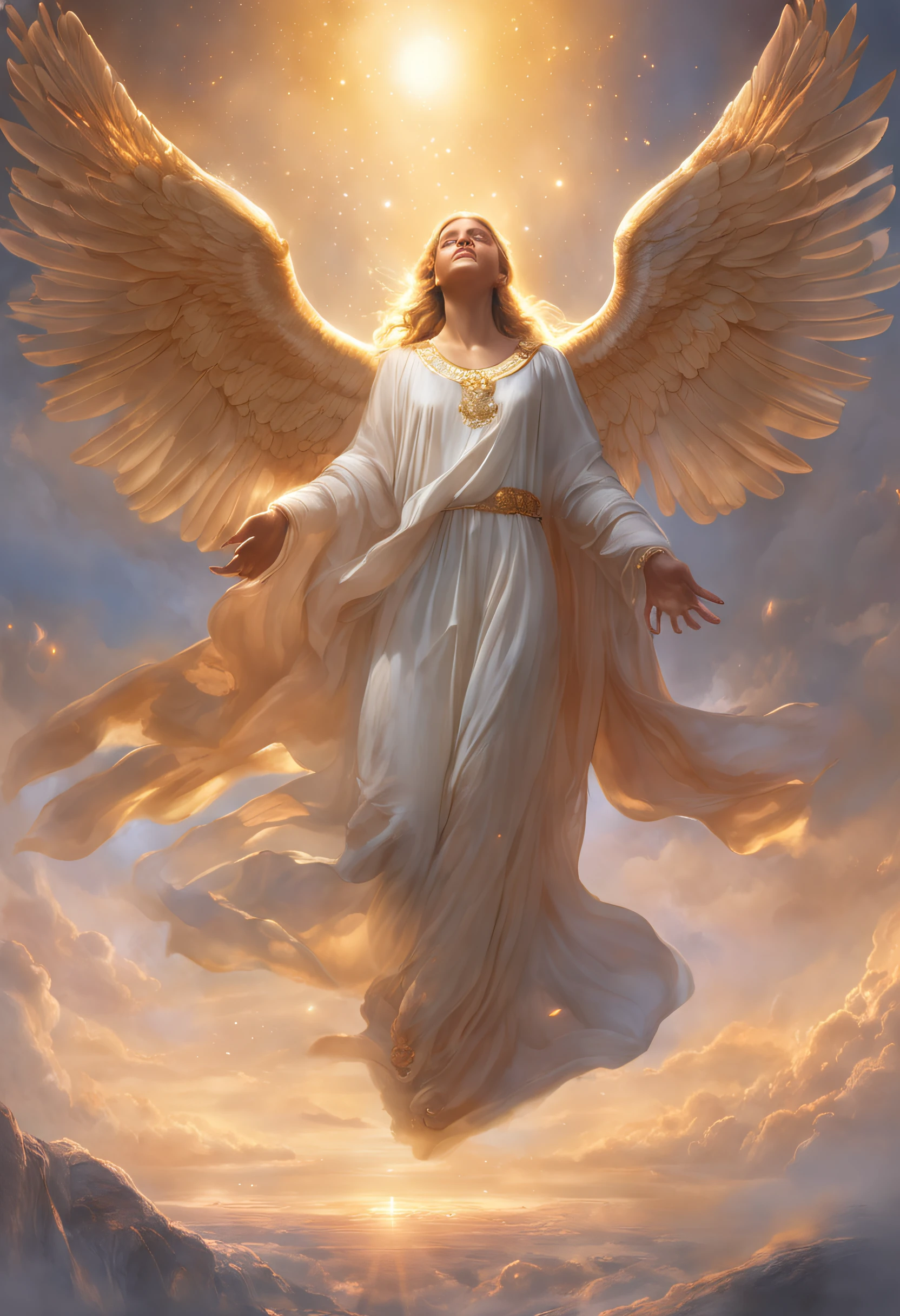 photorealistic, (hyperrealistic:1.2), beautiful, masterpiece, best quality, extremely detailed face, perfect lighting, nice hands, perfect hands,    A divine and radiant angel in celestial splendor, (heavenly presence:1.2), (serene expression), (majestic wings), (ethereal glow:1.1), (peaceful and comforting), (transcendent beauty), (divine grace), (symbol of purity), (golden halo), (uplifting atmosphere), (celestial realm), (spiritual enlightenment), (gentle and protective), (illuminating light:1.2), (seraphic figure), (harmony and serenity), (angelic robes), (timeless and celestial), (captivating aura), (healing and guidance)