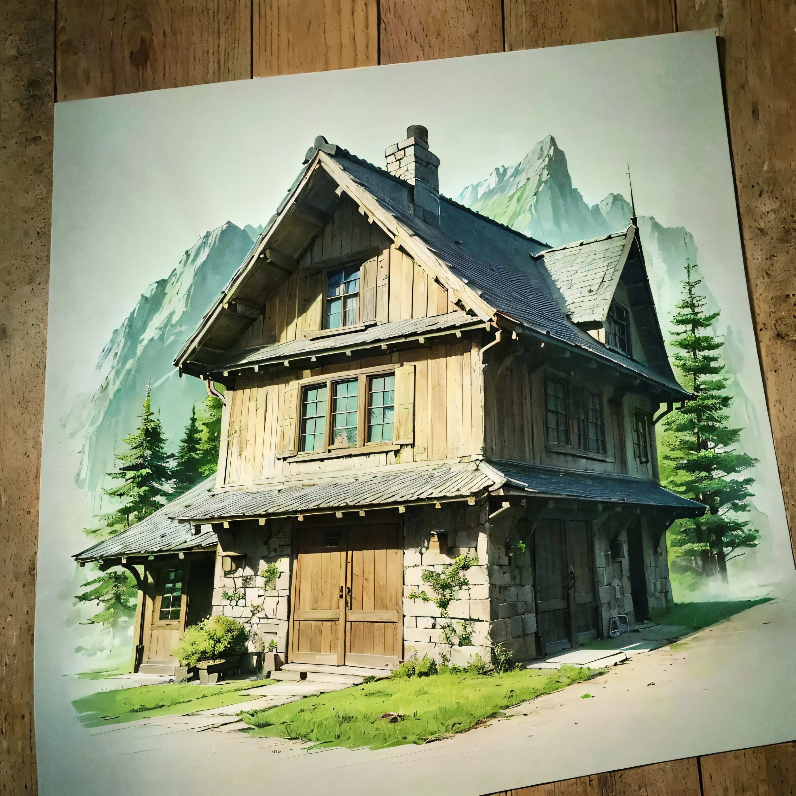((Drkaon's House, Stone walls, arched windows, Curved roof, Smooth Lines)), Forest and mountains in the background, ((same character, front, side, backboob)), (Artistic stylistics), ((Drawing in the style of a technical sketch)), higly detailed, Best Quality, tmasterpiece, The work of the wizard, 16K
