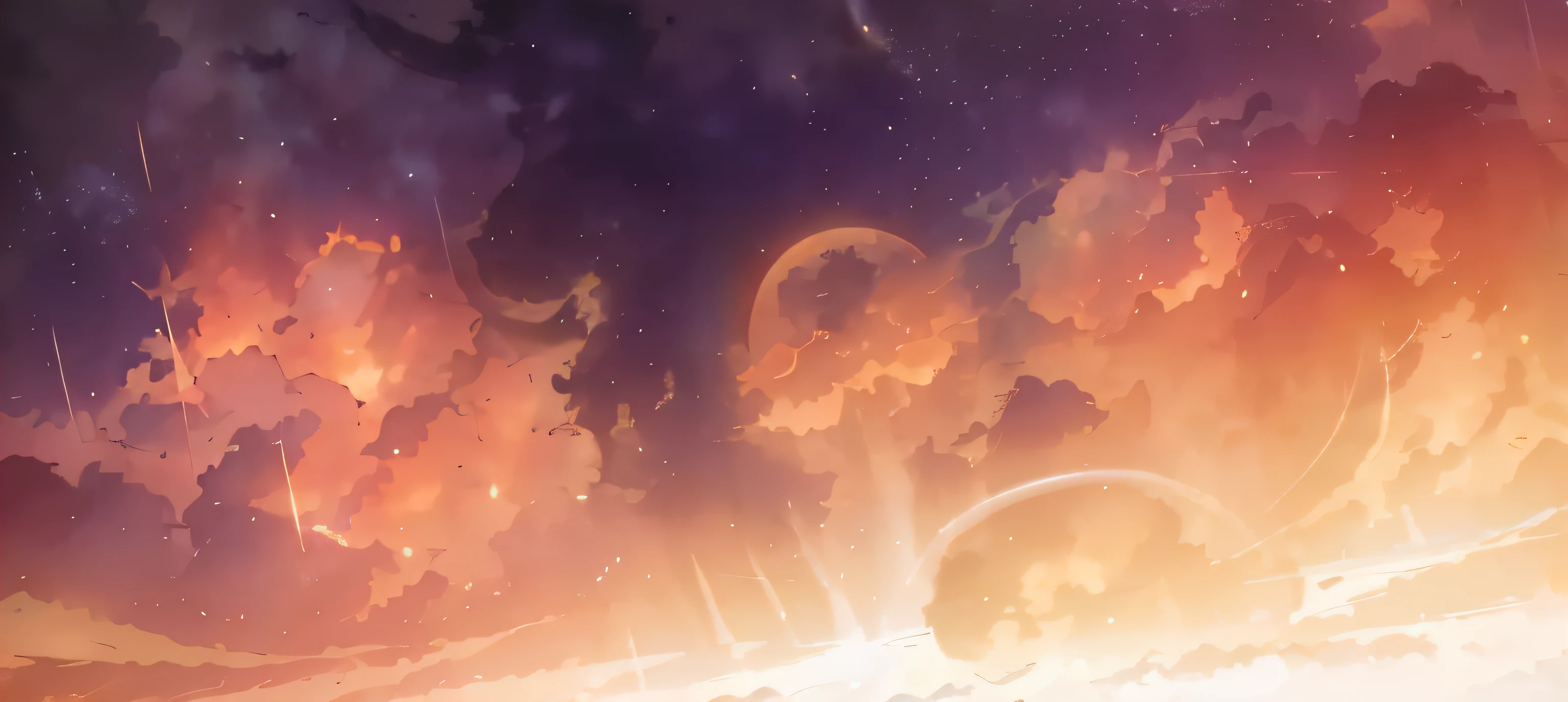 Expansive landscape photograph,(moon full:1.2),(meteors:0.9),(Starcloud:1.3),(Warm light source:1.2),(glowworm:1.2),lamp lights,Lots of purple and orange,Complicated details,Volumetriclighting,Realism,Break (tmasterpiece:1.2),(best qualtiy),8K,Ultra-detailed,(dynamic compositions:1.4),The is very detailed,Colorful details,(Irridescent color:1.2),(luminouslighting,Atmospheric lighting),dream magical,magical,(独奏:1.2),(（best qualtiy）),(（tmasterpiece）),(the detail:1.4),depth of fields,maximum definition and sharpness,perfectly proportions,Fluttering clouds,Wallpapers,