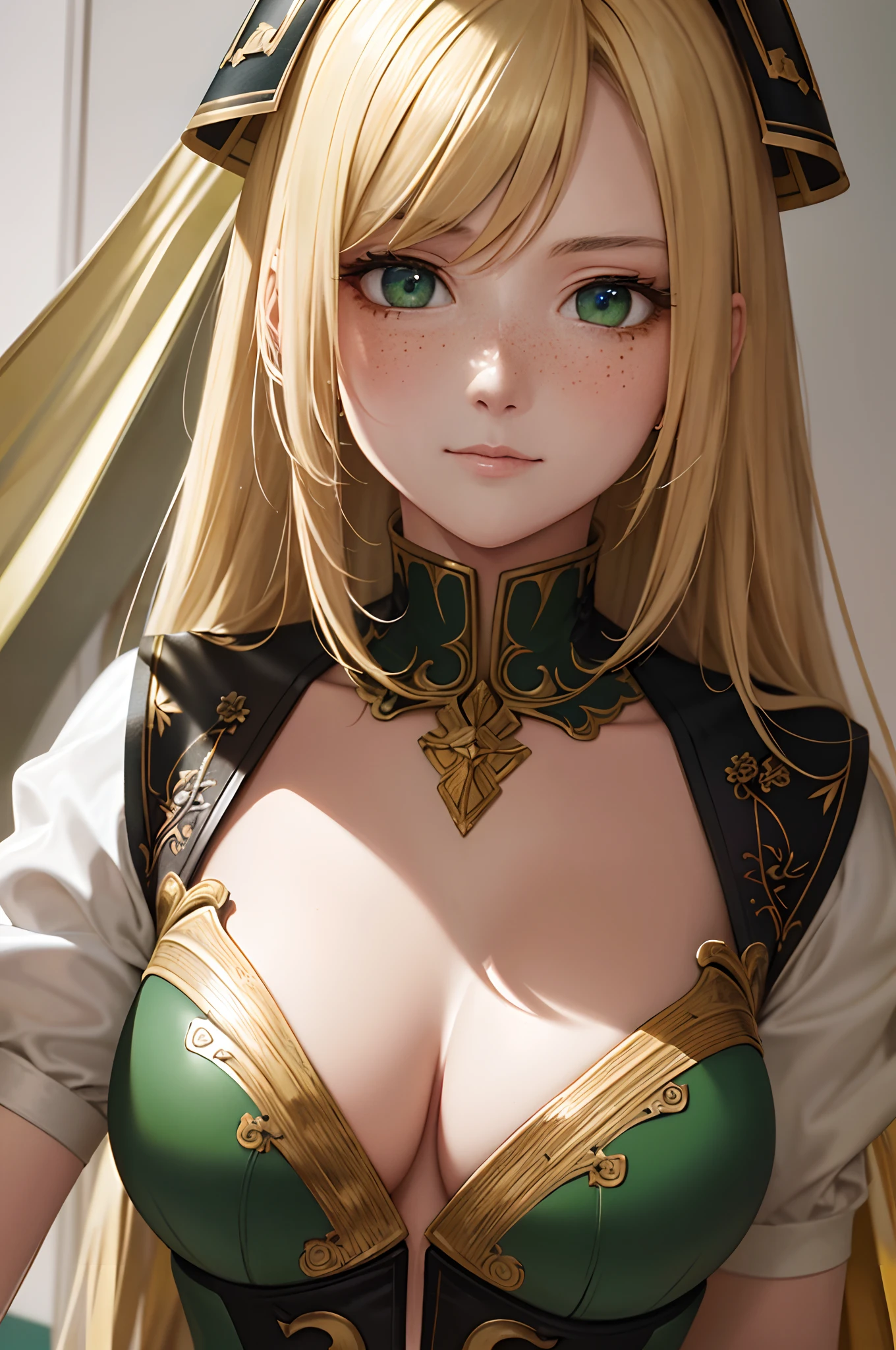 tmasterpiece, (Realistis), A high resolution, highly detailed, iintricate, Beutiful women, A yellow-haired, green-eyed, freckle, 详细的脸, cavalier, armour,Upper body portrait,closeup cleavage
