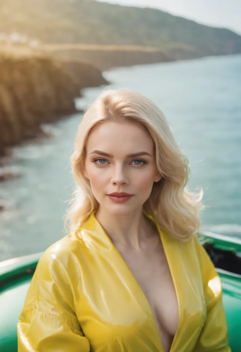 blonde woman dressed in yellow plastic clothes, green retro car and sea in the background, sunny day, half body shot, high quality photo