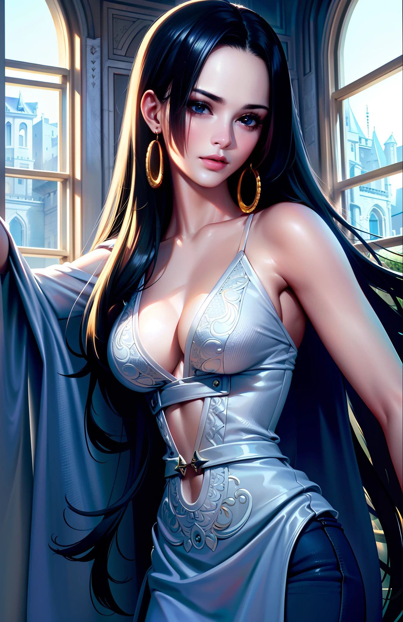 ultra realistic 8k cg, masterpiece, ((ultra detailed background, delicate pattern, intricate detail, highly detailed, fine details best quality, hyperdetailed face)), (photorealistic:1.4),beautiful lighting, absurdres, RAW photo, film grain, BoaHancockV2, 1girl, solo, black hair, long hair, jewelry, closed mouth, (((medium breasts, slim girl))), (white T-shirt, jeans earrings, black eyes, complex detailed background, inside, castle room environment, medieval castle, gray walls, window, bookshelf), ((close-up, portrait)),