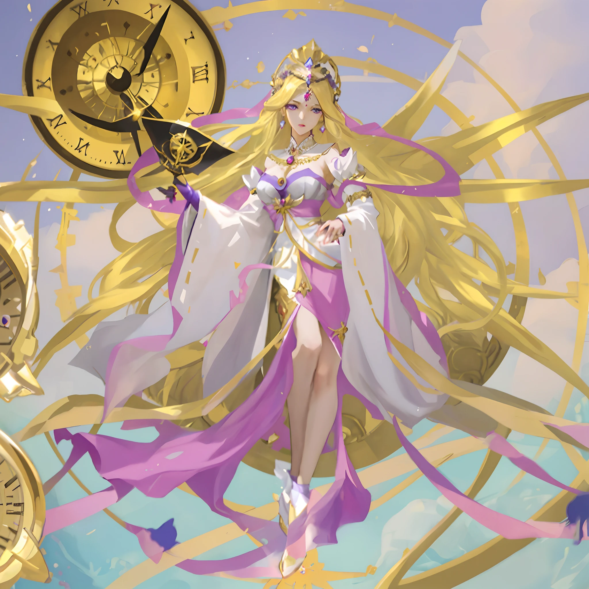 Araved image of a woman in a dress and clock, goddess of time, Anime goddess, Portrait Chevaliers du Zodiaque Fille, Kushatt Krenz Key Art Women, Beautiful celestial mage, gilded lotus princess, celestial goddess, Goddess of Light, golden goddess athena, knights of zodiac girl, portrait of queen of light, a beautiful fantasy empress