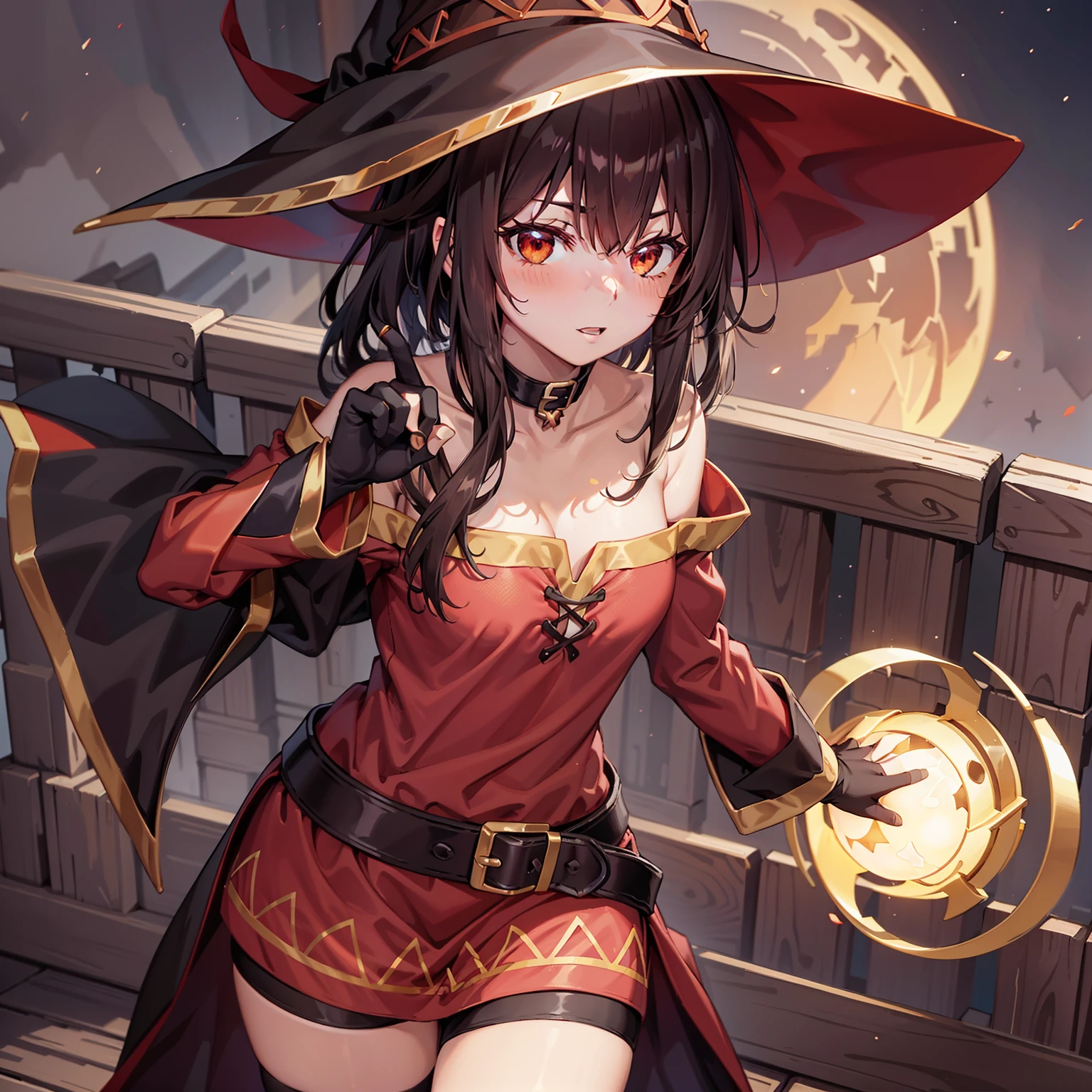 (masuter piece,Best Quality,Ultra-detailed), (A detailed face), Megumin, explosions, 1girl in, Doya face, Crazy Wizard, 1 girl, Solo, Witch Hat, Brown hair, long short hair, Red Eyes, Black Choker, 鎖骨, flat chest, Off shoulder dress, Red dress, Brown cloak, Long sleeves, Black Gloves, Fingerless gloves, brown belt, gold trim,natta,Red Moon,Twinkling magic stars々,Red magic light