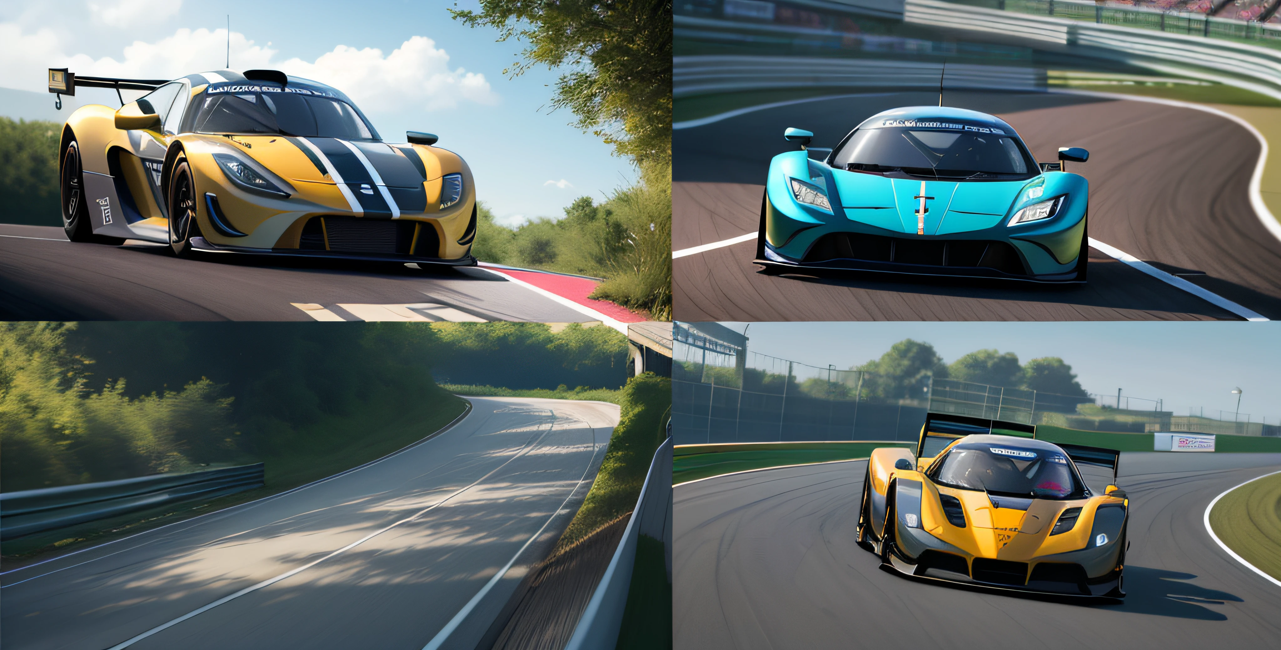 There are two different pictures of racing cars on the track, wlop and RHADS, Arnold graphics card + Octane workflow, Ultra-realistic graphics, realistic cars, hyper photorealistic raytracing, hyper photorealistic raytracing, RTX ray tracing, 4k concept art and hyper realism, james gurney and andreas rocha, ray tracing on