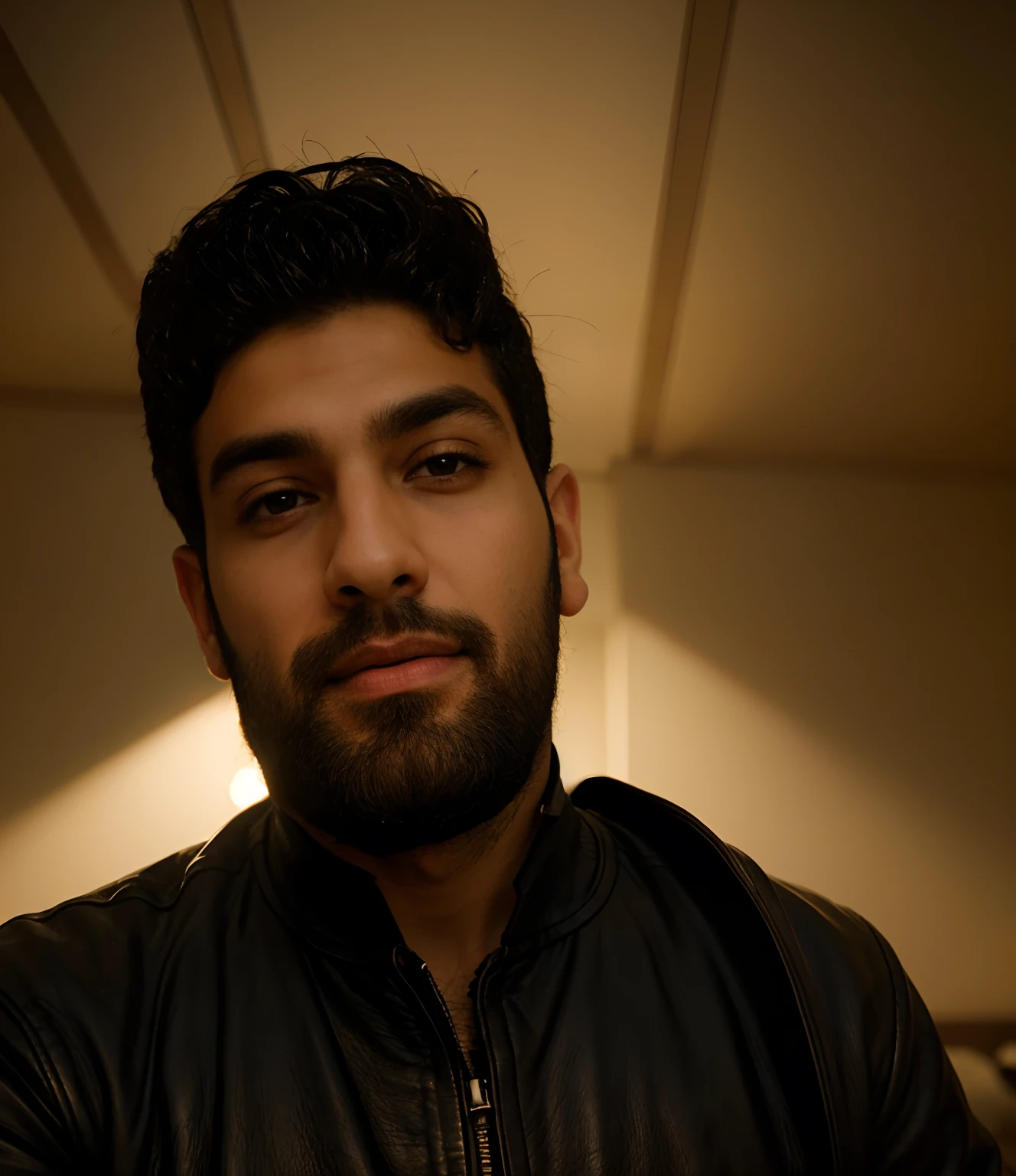 28 year old American middle eastern man, wearing leather jacket, in a hotel room, thick short black beard, short curly hair, round jawline, wide nose, low resolution image, 2 megapixels, grainy image, noise on image, cell phone quality image, amateur quality, low quality, low bitrate, skin details on face, rough face, ISO 1600, shutter at 1/30, good lighting, good exposure, hotel room background