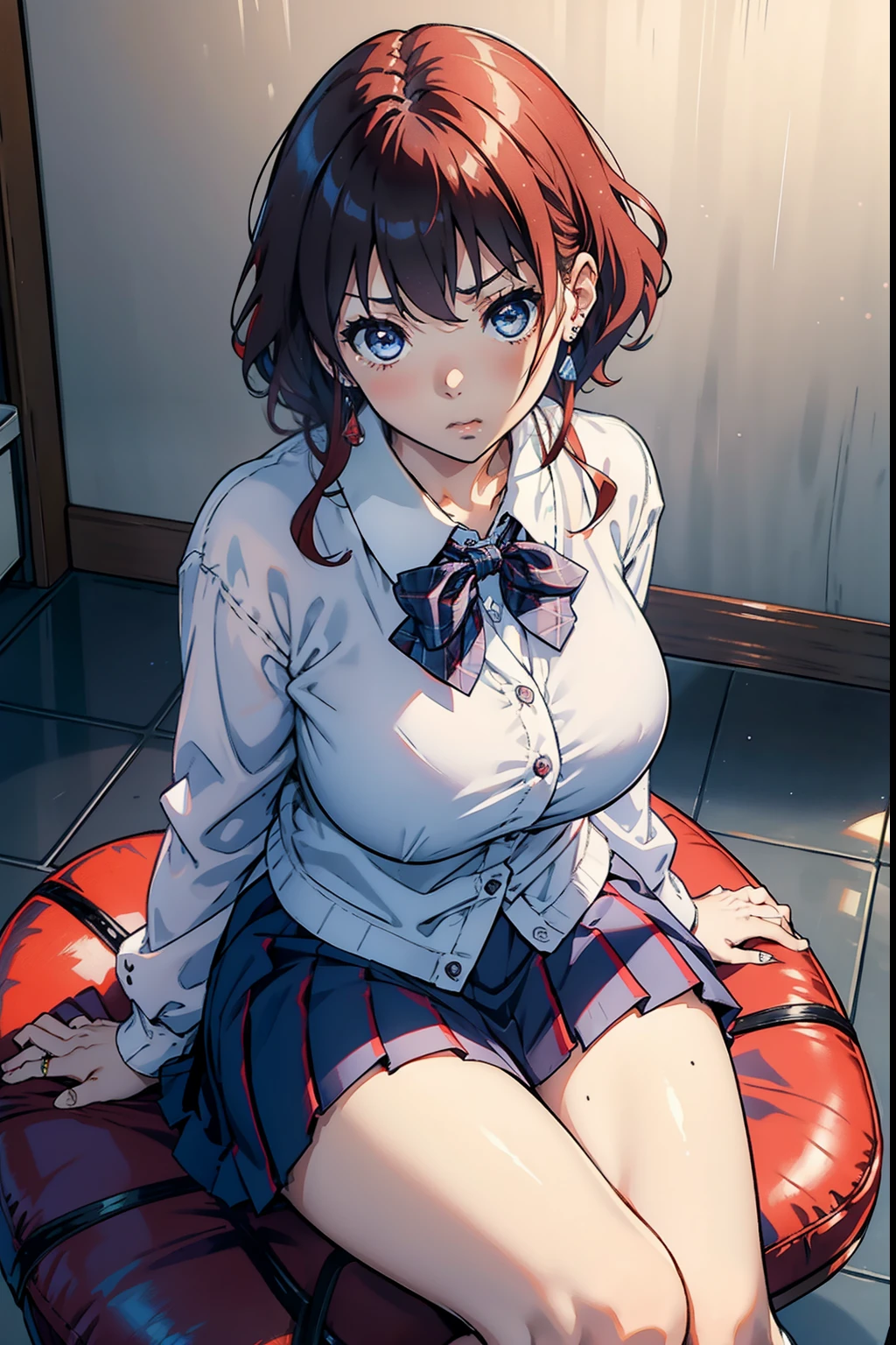 Michiru Hyodo、Red hair、Colossal tits、Blue eyes　angry looking face、Ring earrings、girl Uniform　Plaid　Red pleated skirt　Ribbon Ties　White cardigan、White loose socks、Black loafers、Sitting on a chair　Crotch opening