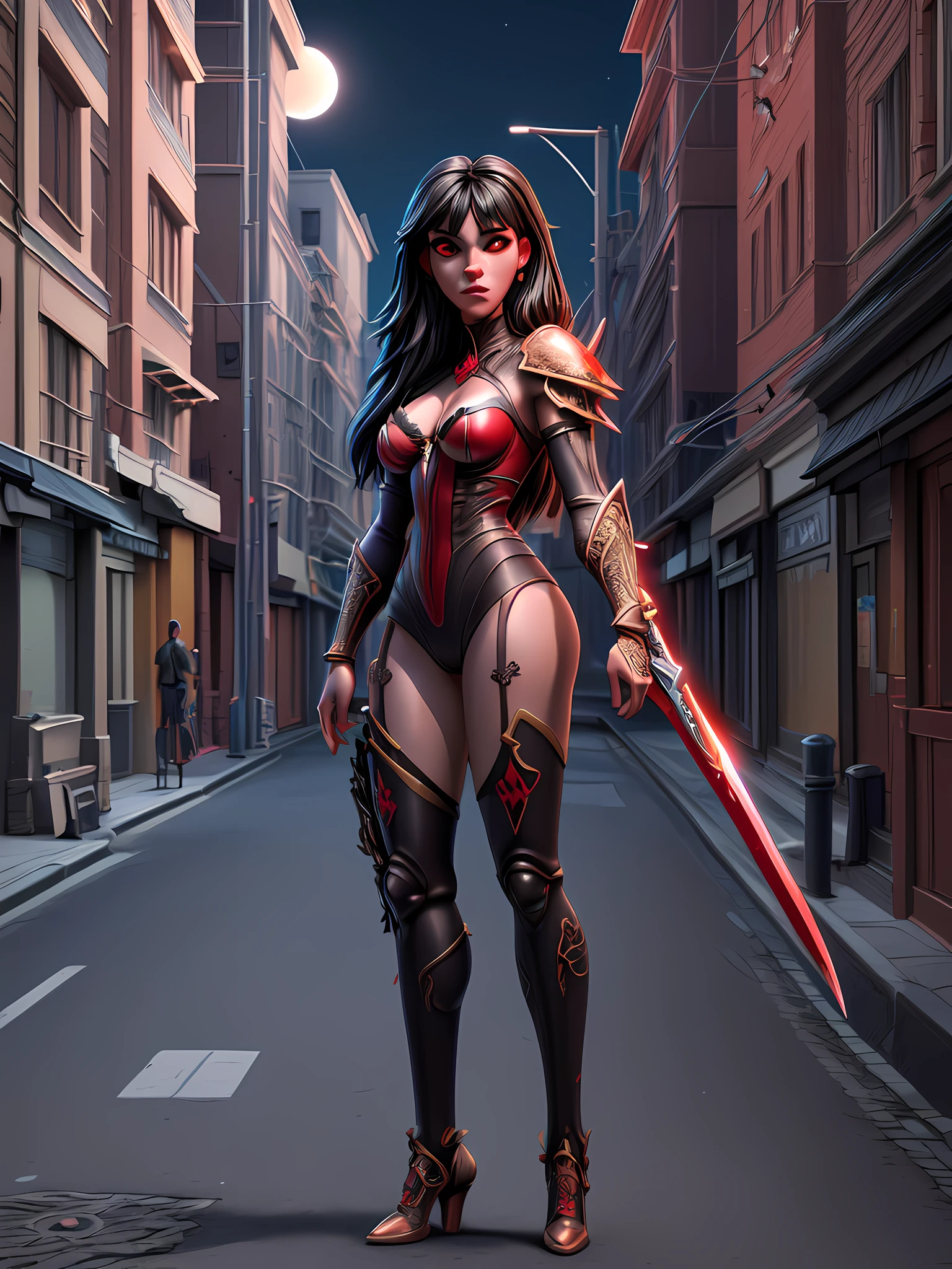 a 3d pixar animation style picture of Vampirella standing in the street at night, Vampirella  (masterpiece, extremely detailed, best quality), full body (masterpiece, extremely detailed, best detailed), standing in an urban street at night  exquisite beautiful Vampirella (masterpiece, extremely detailed, best quality), best detailed face, full body, wearing red armor LnF (masterpiece, extremely detailed, best quality), armed with a sword fantasysword sword (masterpiece, extremely detailed, best quality), ready for battle, urban street background, lamp lights, moon light, detailed background (masterpiece, extremely detailed, best quality), best realistic, very high quality, best quality, 16k, [ultra detailed], masterpiece, best quality, (extremely detailed), ultra wide shot, photorealism, depth of field, 3D animation render
