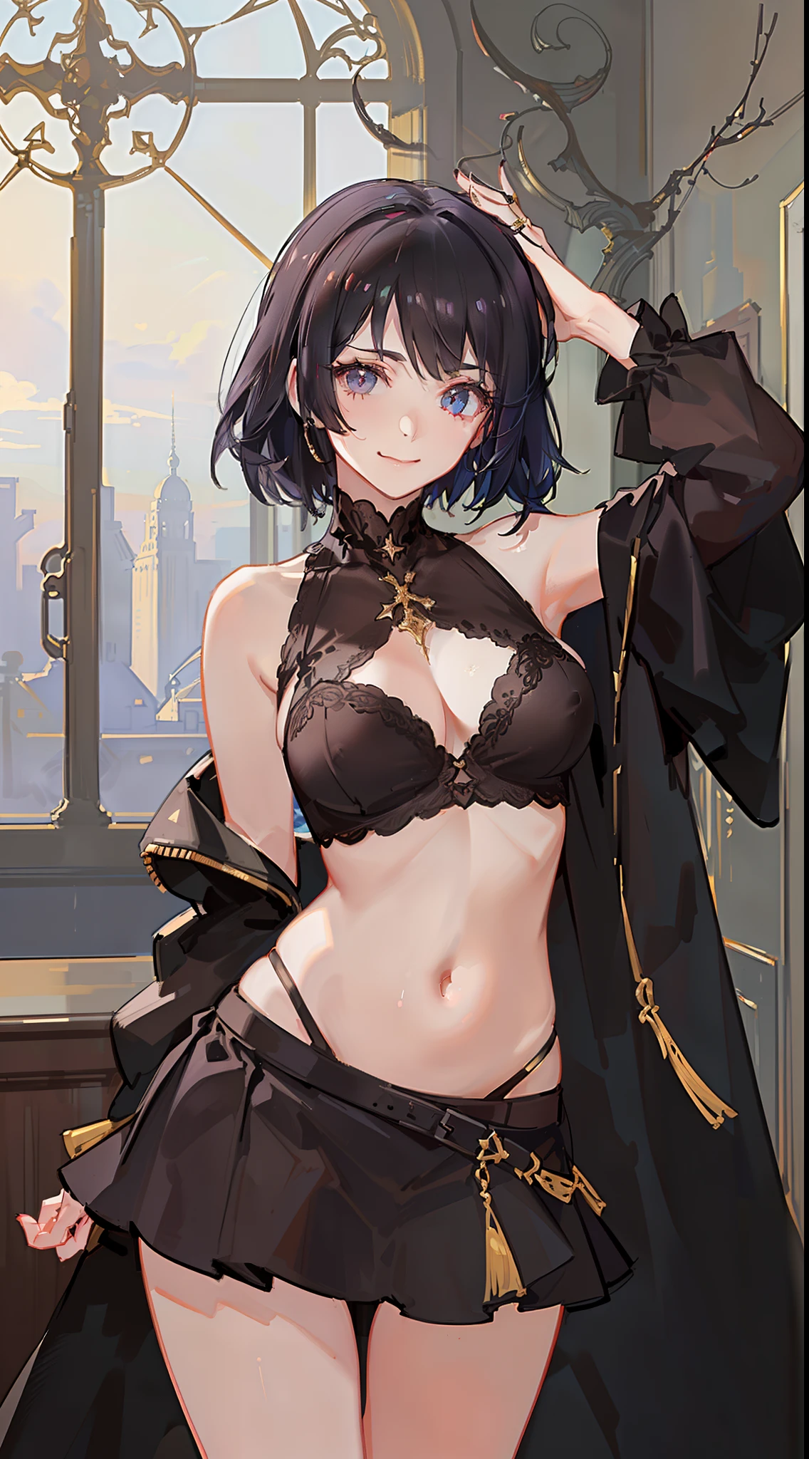 young girl, short black and white hair, golden eyes, smirk, big breastes, Goth's clothes, open breasts, open belly, Sleeveless, short skirt, stocklings, Masterpiece, hiquality, 4k, HD, Good detail