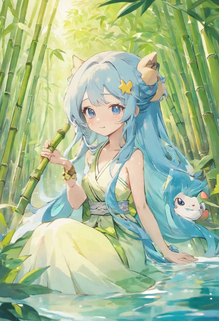 masutepiece, Best Quality, Official art, 8K Wallpaper, Very detailed, Illustration, 1 girl, sky blue hair, Long hair, Detailed eyes, Forrest Gump, ???? shoulders, Hanfu, lake, pure, Soft smile, Bamboo, tee
