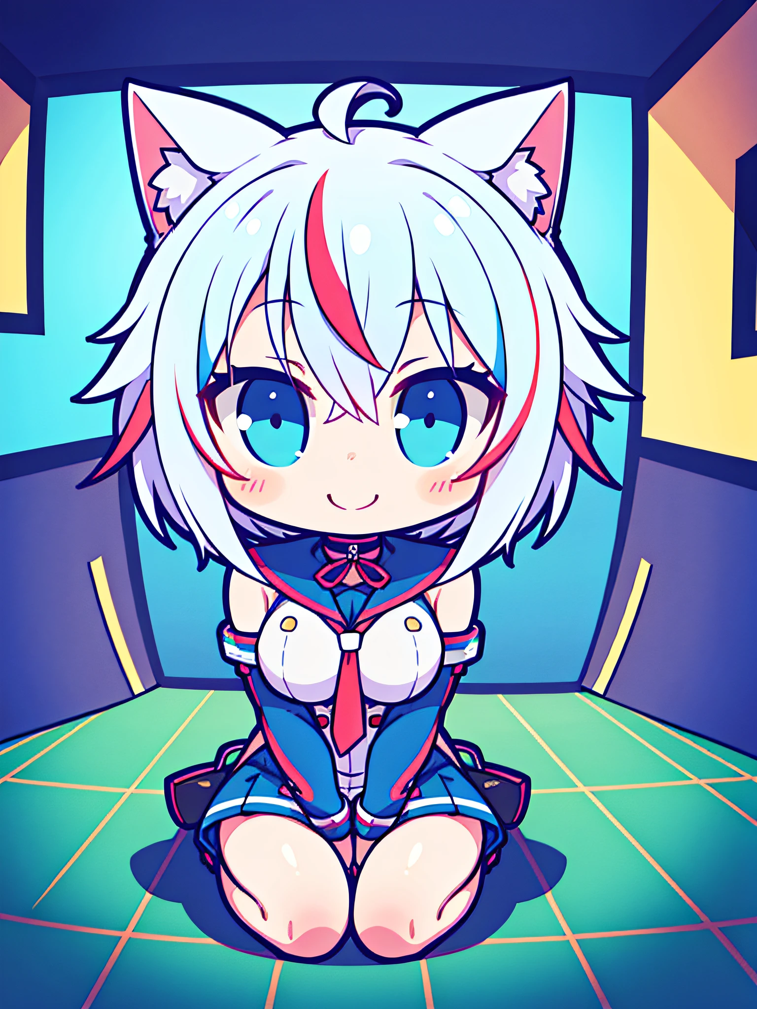 the anime character is fully dressed in very warm and sexy outfit, 1girl, solo, multicolored pastel hair, blue eyes, virtual youtuber, cat ears, streaked hair, white hair, breasts, smile, short hair, expressive, body suit, neon, cyberpunk, perfect face, high res, ultrasharp, 8K, masterpiece, looking at viewer, chibi, kawaii, sitting, full body