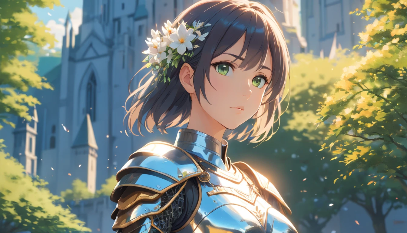 3d animation, (masterpiece, best quality),(extremely intricate:1.3), (realistic), 1girl, milf, caucasian, green eyes, perfect eyes, perfect iris, perfect pupils, perfect lips, perfect nose, perfect hands, very detailed hands, perfect fingers, black hair, short hair, straight hair, bobbles ponytail hair, (medieval armor), metal reflections, (((silver armor))), outdoors, far away castle, (ornately decorated armor), (insanely detailed, bloom:1.5), chainmail, intense sunlight, professional photograph of a stunning woman detailed, sharp focus, award winning, cinematic lighting, blurry background, upper body, ((confident)), (Pose:looking at the camera), shadows, contrast, clear blue sky, constellations, peaceful, serene, quiet, tranquil, remote, secluded, adventurous, exploration, escape, independence, survival, resourcefulness, challenge, perseverance, stamina, endurance, observation, intuition, adaptability, creativity, imagination, artistry, inspiration, beauty, awe, wonder, gratitude, appreciation, relaxation, enjoyment, rejuvenation, mindfulness, awareness, connection, harmony, balance, texture, detail, realism, depth, perspective, composition, color, light, shadow, reflection, refraction, tone, contrast, foreground, middle ground, background, naturalistic, figurative, representational, impressionistic, expressionistic, abstract, innovative, experimental, unique