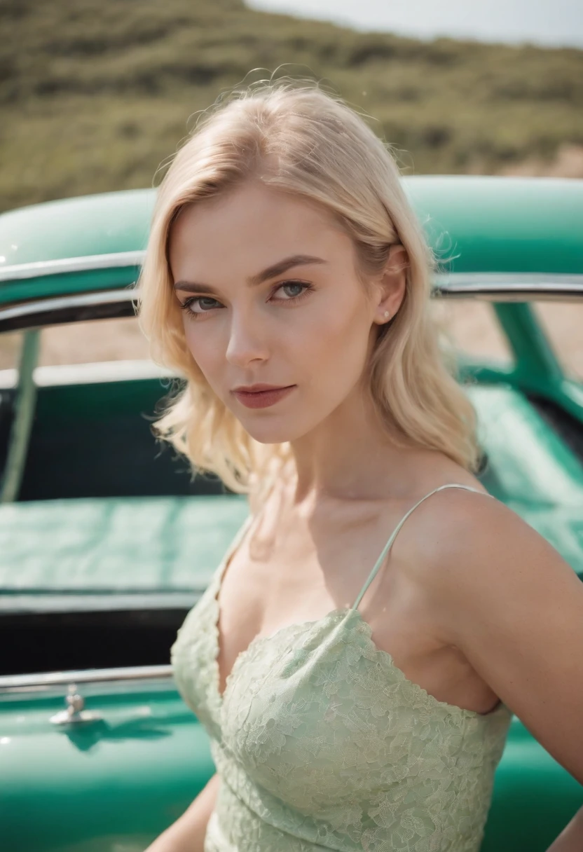 blonde woman , green retro car and sea in the background, sunny day, half body shot, high quality photo