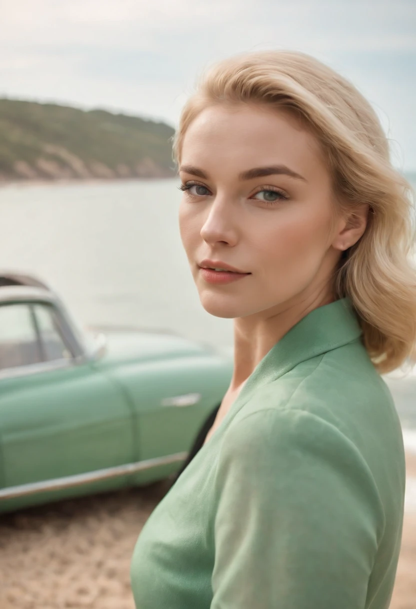 blonde woman , green retro car and sea in the background, sunny day, half body shot, high quality photo