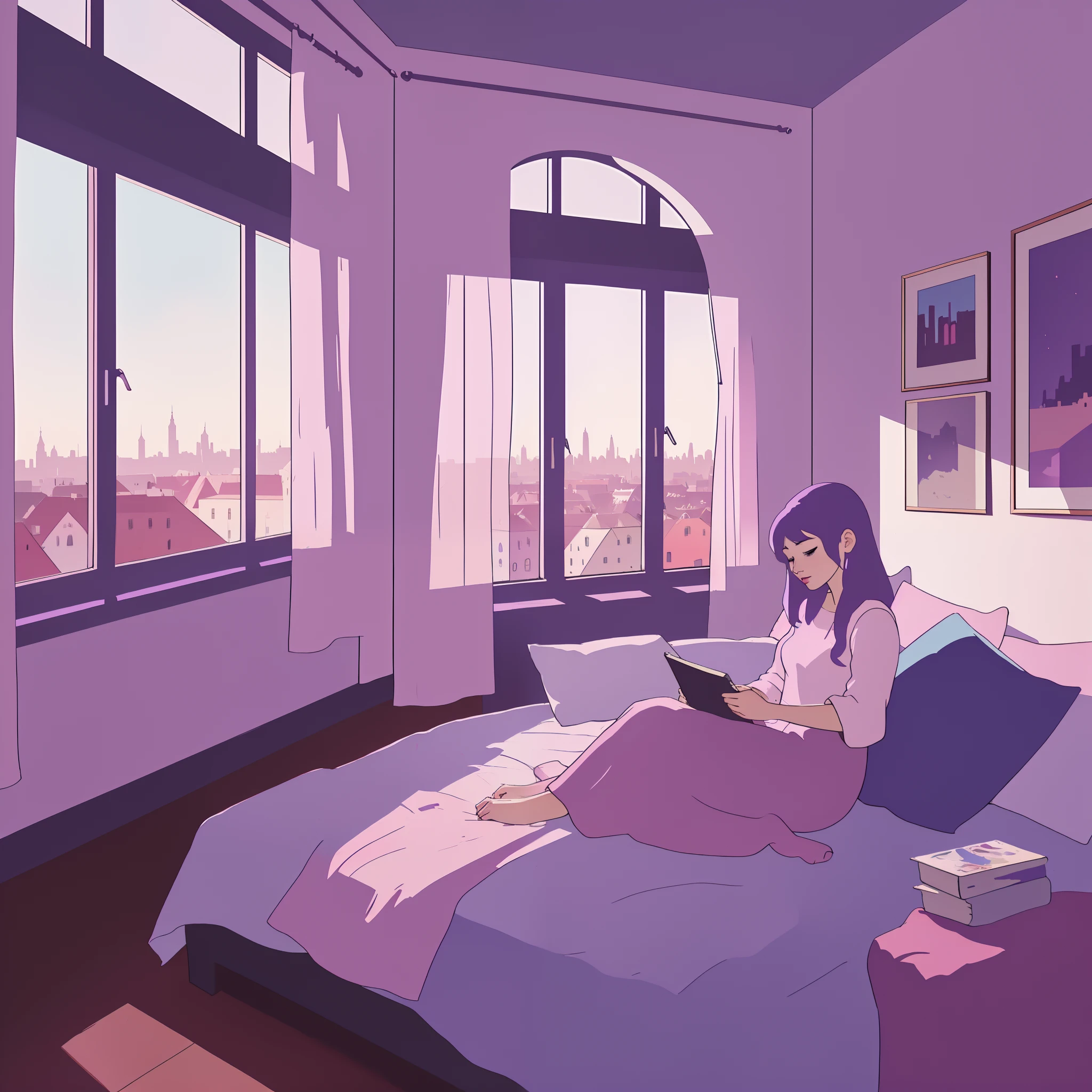 girl sitting listeting to music in bed near the window, beautifu view of a city behind window, cozy room, purple red and blue tones