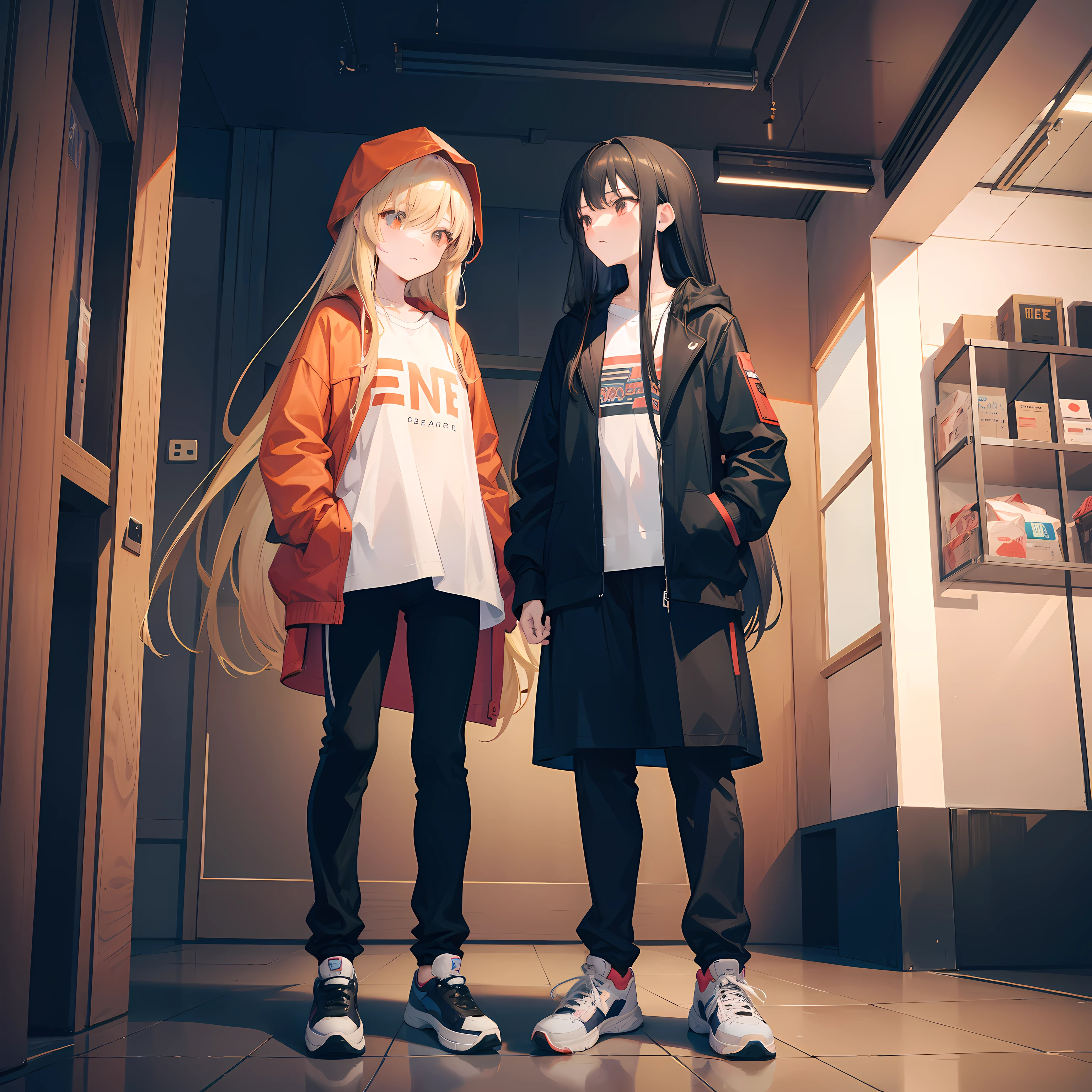 Generate an image of two cute anime girls, Yori and Aina, standing in front of each other and arguing at night in a hostel hall. Yori has beautiful long black hair and is wearing a brown leather jacket, a sports trousers, and a T-shirt of any color, and sneakers. Aina has beautiful long golden hair, with her hood down to keep her hair out of her face. They are both talking animatedly, and their faces are flushed with anger.