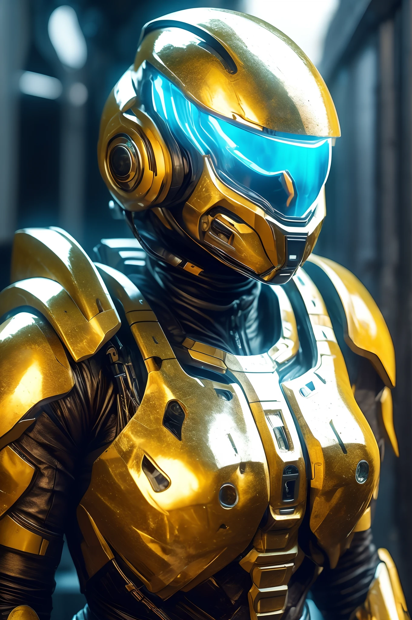 Random color sci-fi female armor,Dynamic pose，With cybernetic helmet, Full armor, Insulating armor, Spacesuit, Opacity mask, bald-headed, Lots of fine details, sci - fi movie style, photo outdoors, Photography, Natural light, Realism, Movie rendering, Ray tracing, Highest quality