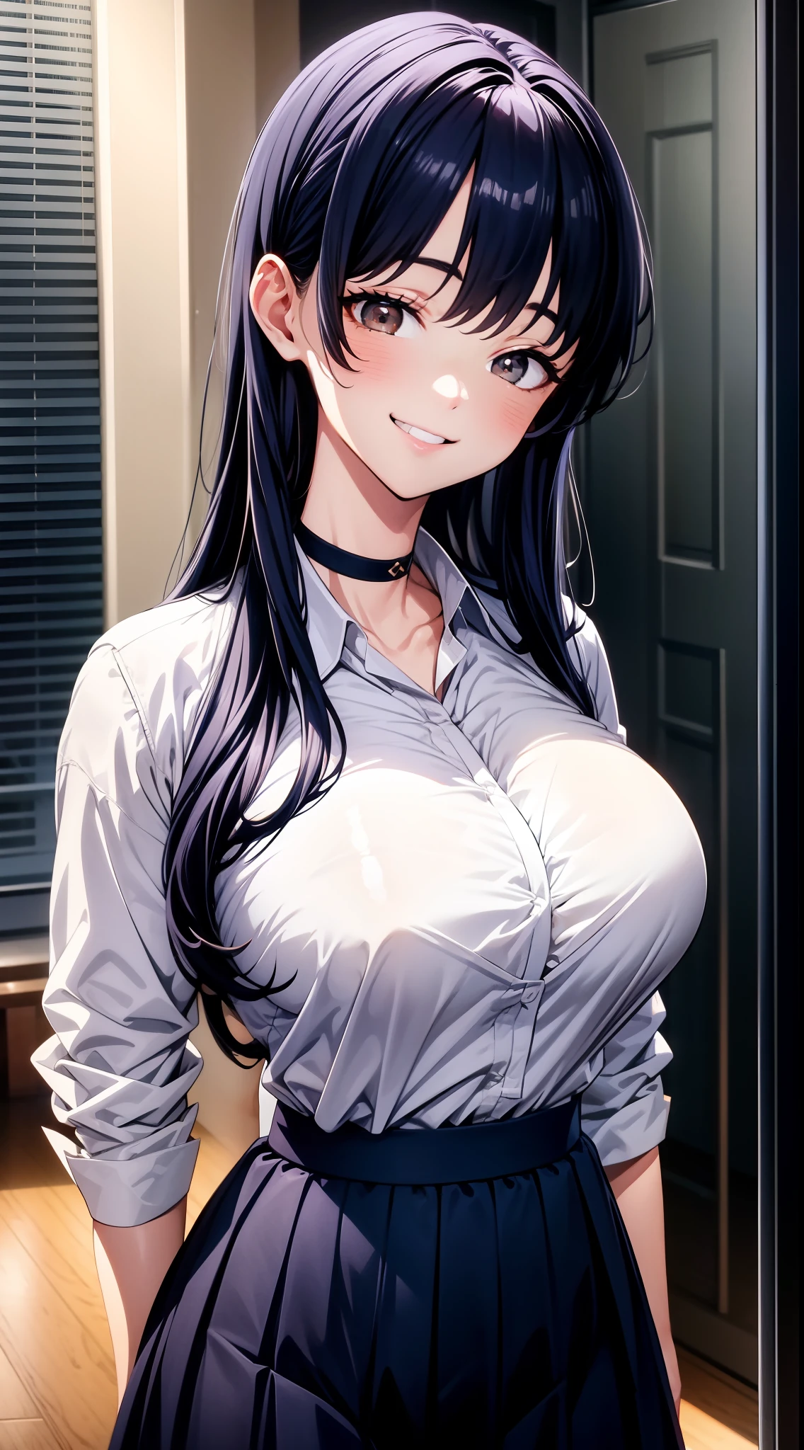 8k, highres, ultra detailed, (masterpiece:1.4), best quality, symmetrical body, (white shirt:1.4), (long dark Blue skirt:1.4), choker, provocative pose, cute, solo, long hair, dark purple hair, Brown eyes, glow effect, finely eye, wide smile, grinning, detailed face, looking at viewer, smilling at viewer, at school, angled view, big breasts