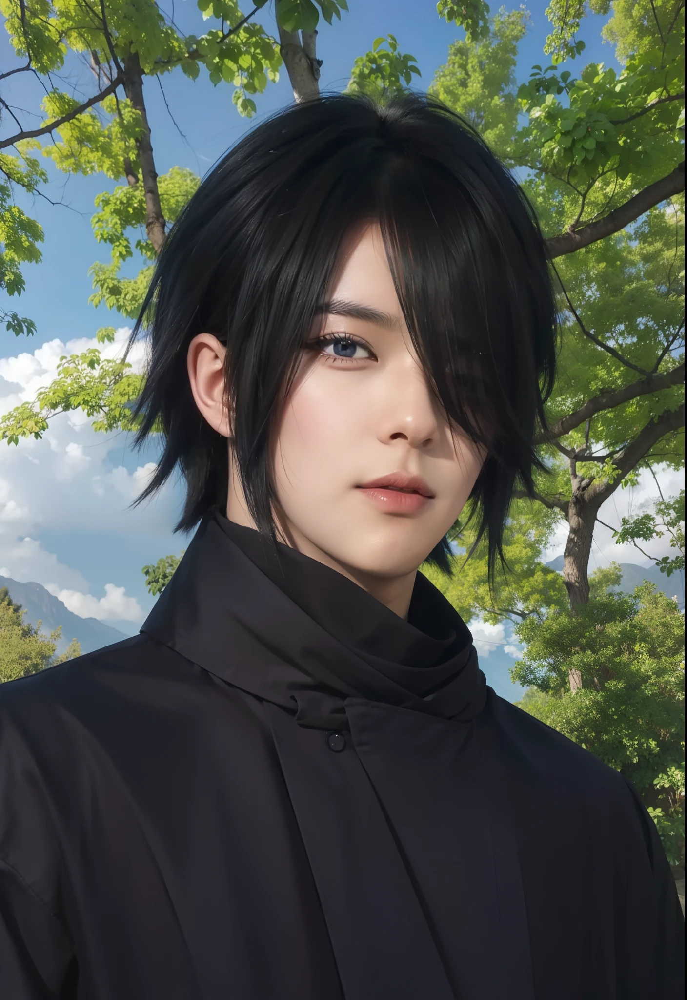 real Life adaption of this character,his name is Sasuke uchiha from anime naruto ,hyper realistic,detail realistic hairstyle ,(1 eye covered by hair), high resolution, photorealistic,very detailed,realistic outfit Black cloak with collar,((korean handsome)) ,detailed realistic shining eyes,(photorealistic:1.4),(realism:1.6),(realistic skin),,realistic light,realistic shadow,sharpen, (collar),(cool expression),(realistic:1.2)