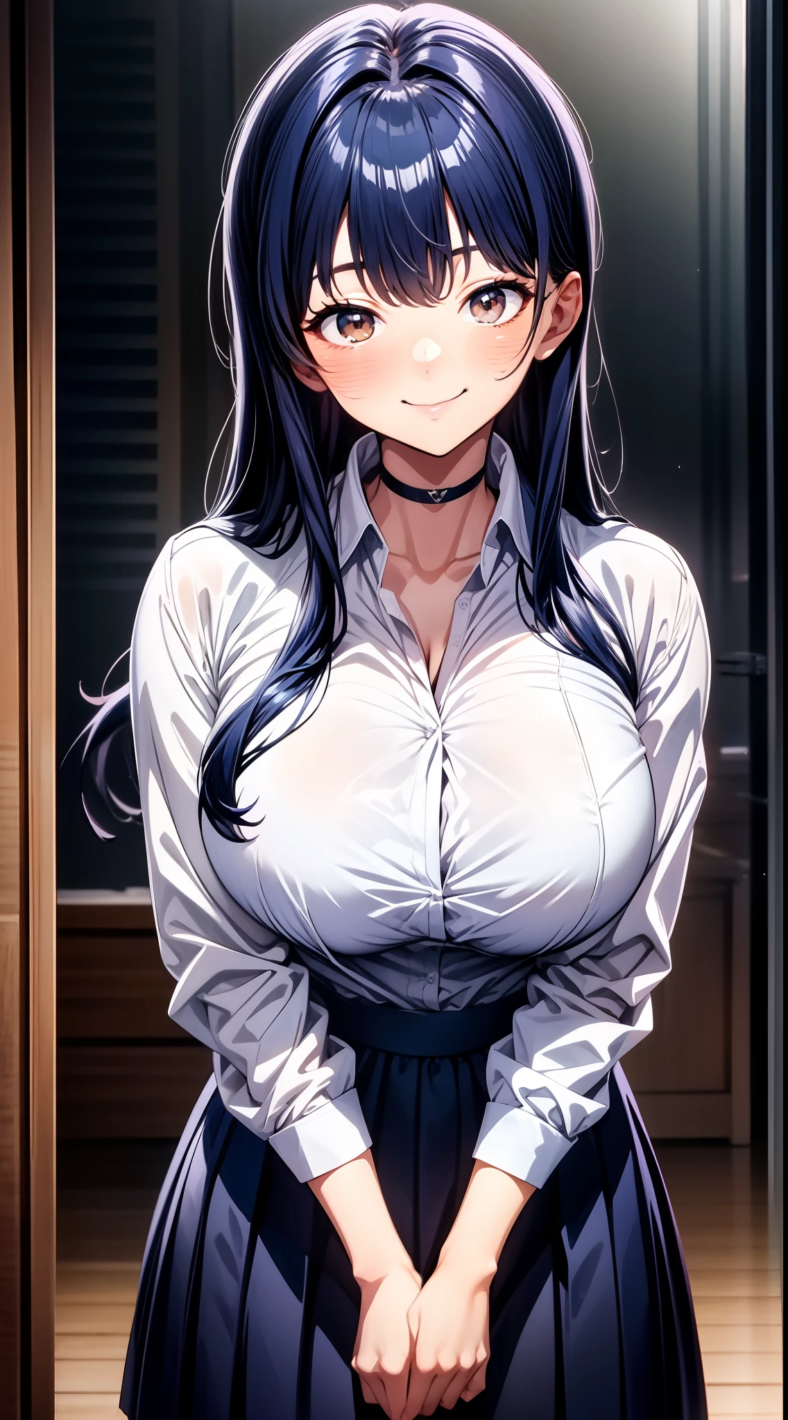 8k, highres, ultra detailed, (masterpiece:1.4), best quality, symmetrical body, (white shirt:1.4), (long dark Blue skirt:1.4), choker, provocative pose, cute, solo, long hair, dark purple hair, Brown eyes, glow effect, finely eye, wide smile, grinning, detailed face, looking at viewer, smilling at viewer, at school, angled view, big breasts