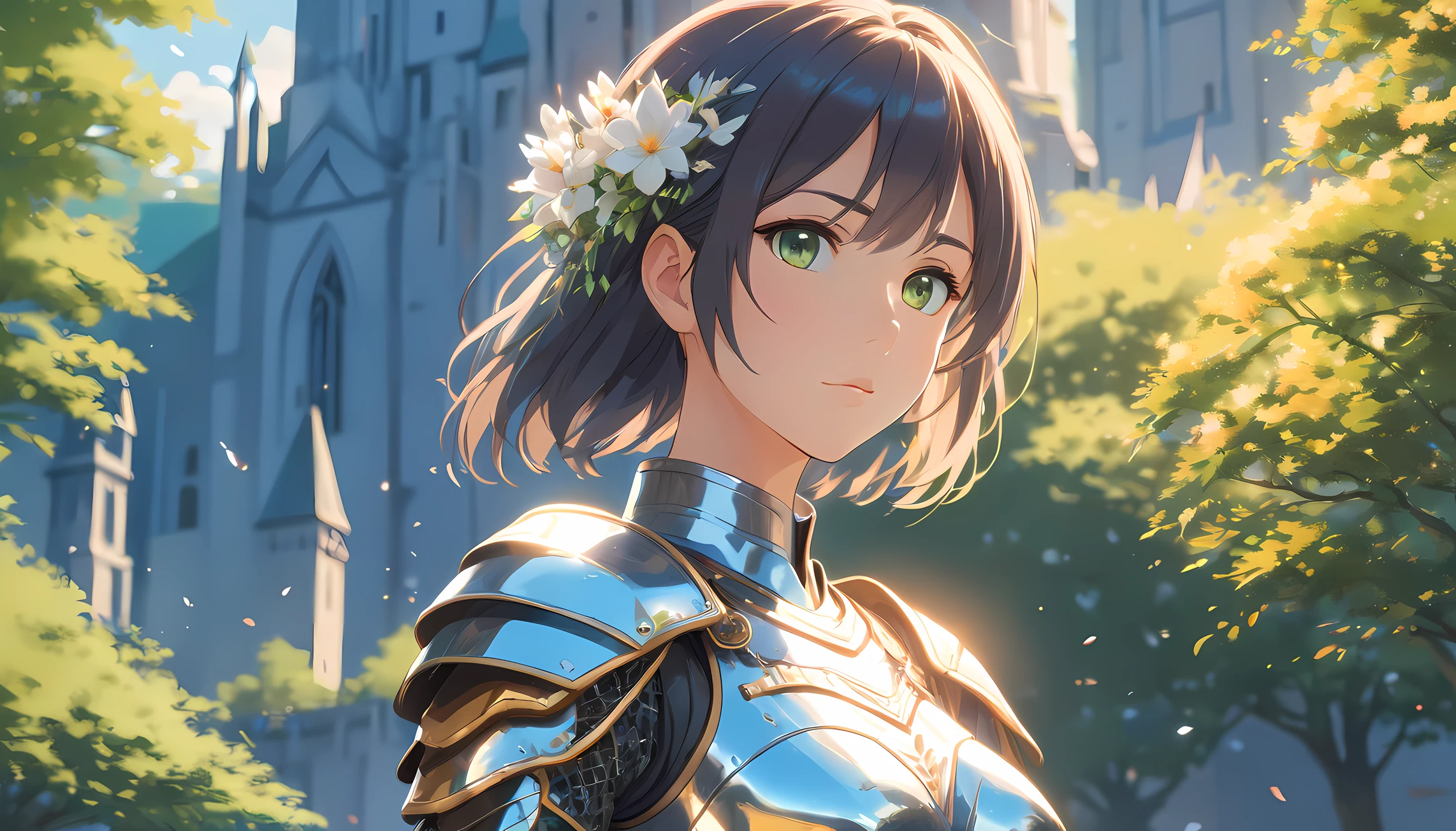 3d animation, (masterpiece, best quality),(extremely intricate:1.3), (realistic), 1girl, milf, caucasian, green eyes, perfect eyes, perfect iris, perfect pupils, perfect lips, perfect nose, perfect hands, very detailed hands, perfect fingers, black hair, short hair, straight hair, bobbles ponytail hair, (medieval armor), metal reflections, (((silver armor))), outdoors, far away castle, (ornately decorated armor), (insanely detailed, bloom:1.5), chainmail, intense sunlight, professional photograph of a stunning woman detailed, sharp focus, award winning, cinematic lighting, blurry background, upper body, ((confident)), (Pose:looking at the camera), shadows, contrast, clear blue sky, constellations, peaceful, serene, quiet, tranquil, remote, secluded, adventurous, exploration, escape, independence, survival, resourcefulness, challenge, perseverance, stamina, endurance, observation, intuition, adaptability, creativity, imagination, artistry, inspiration, beauty, awe, wonder, gratitude, appreciation, relaxation, enjoyment, rejuvenation, mindfulness, awareness, connection, harmony, balance, texture, detail, realism, depth, perspective, composition, color, light, shadow, reflection, refraction, tone, contrast, foreground, middle ground, background, naturalistic, figurative, representational, impressionistic, expressionistic, abstract, innovative, experimental, unique