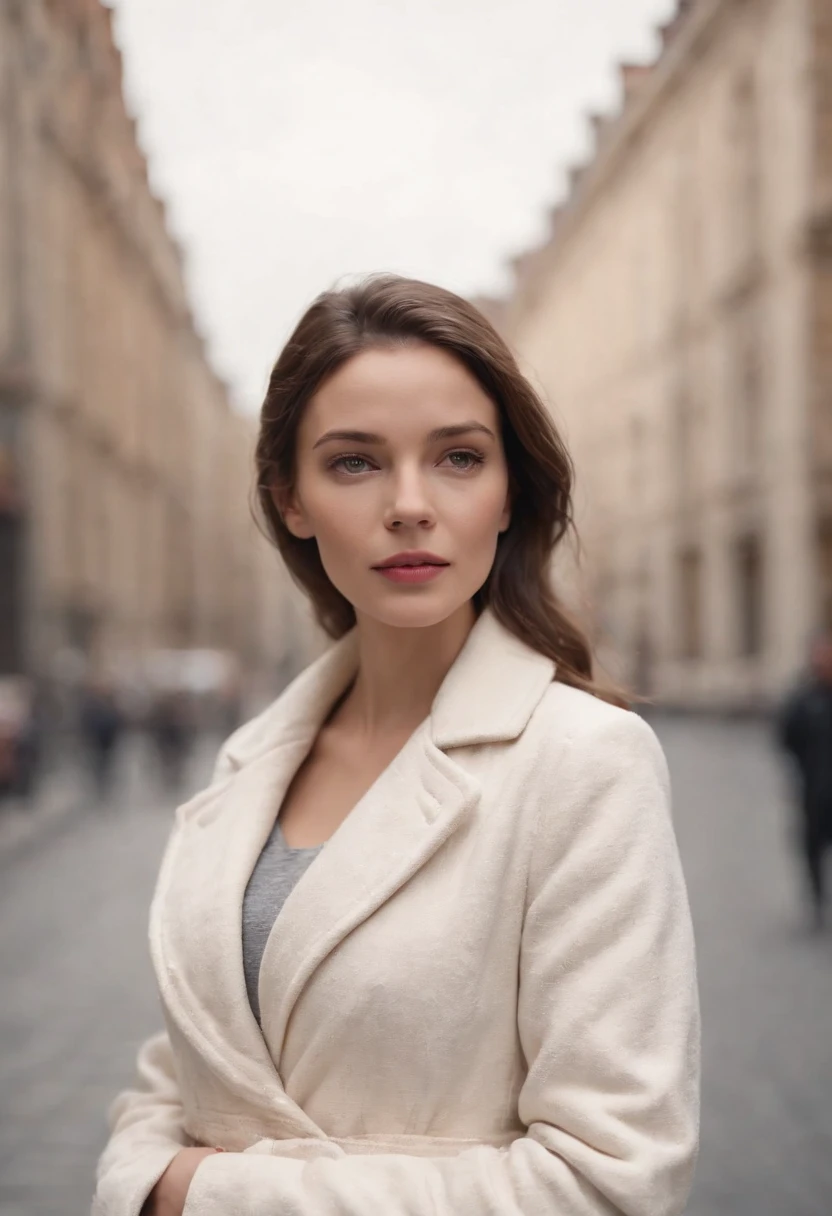 pregnant woman in city wearing white coat, in the style of dark beige and beige, close-up, grid-based, highly textured, soft, photo taken with provia, folk/naïve