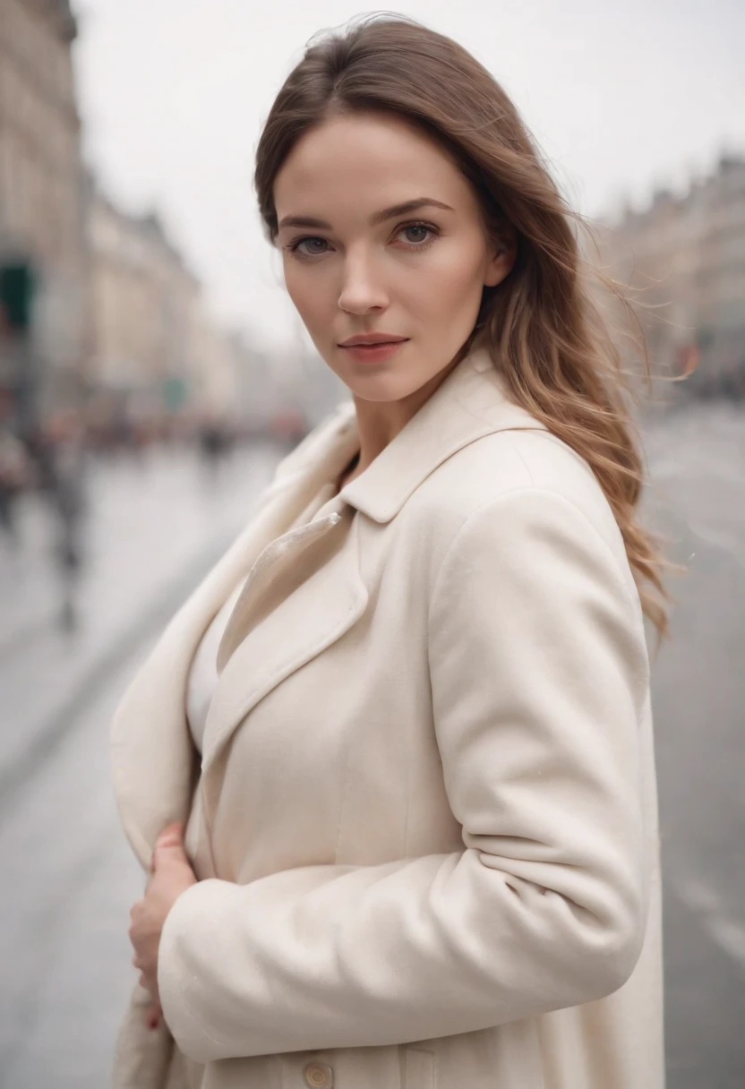 pregnant woman in city wearing white coat, in the style of dark beige and beige, close-up, grid-based, highly textured, soft, photo taken with provia, folk/naïve