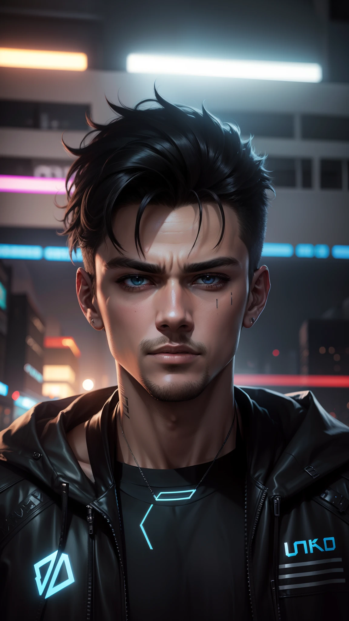 Change background cyberpunk handsome boy, realistic face, 8k, ultra realistic,Black background,Write K Logo Design on Clothes