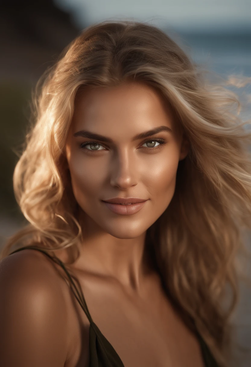 Cinematic soft lighting illuminates a stunningly detailed and ultra-realistic beautiful Greek supermodel, beach look, long messy windy dark blonde hair, clear green eyes, captivating perfect smile, sensual, hot woman, gorgeous, that is trending on ArtStation. Octane is the perfect tool to capture the softest details of this 16k photography masterpiece. smiling woman with a black shirt and a brown shirt, nina tryggvadottir, daniela uhlig, magdalena andersson, aleksandra waliszewska, viktoria gavrilenko, inspired by Ulrika Pasch, annato finnstark, kirsi salonen, lindsay adler, johannen voss, karolina cummings
