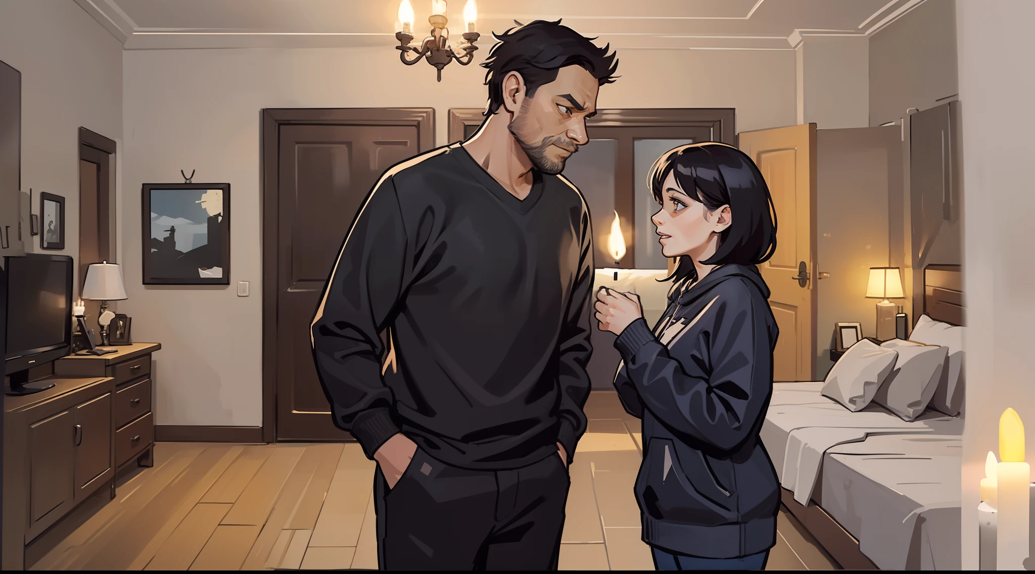 Middle-aged man and middle-aged woman, skinny, black inch, looking at each other, in the room, at night, horror atmosphere, coolness, desolation, doomsday atmosphere, flat lines, dim environment, only candle light