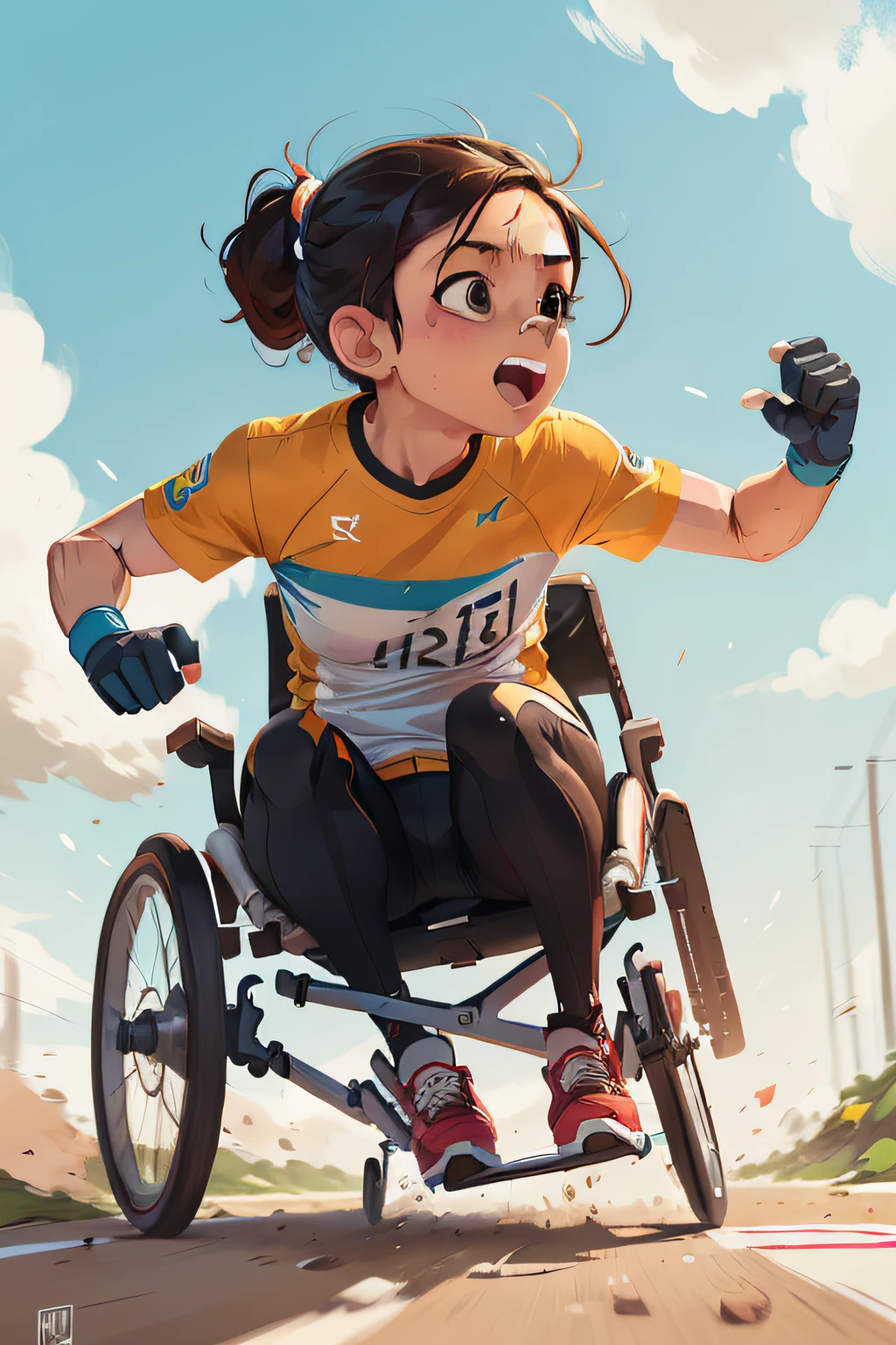 arte minimalista pop, Paraplegic athlete, sensation of movement, pessoas em uma corrida, capture the action, vivid colors, dynamic lines, atmosfera energica, poucos detalhes, velocidade da cena