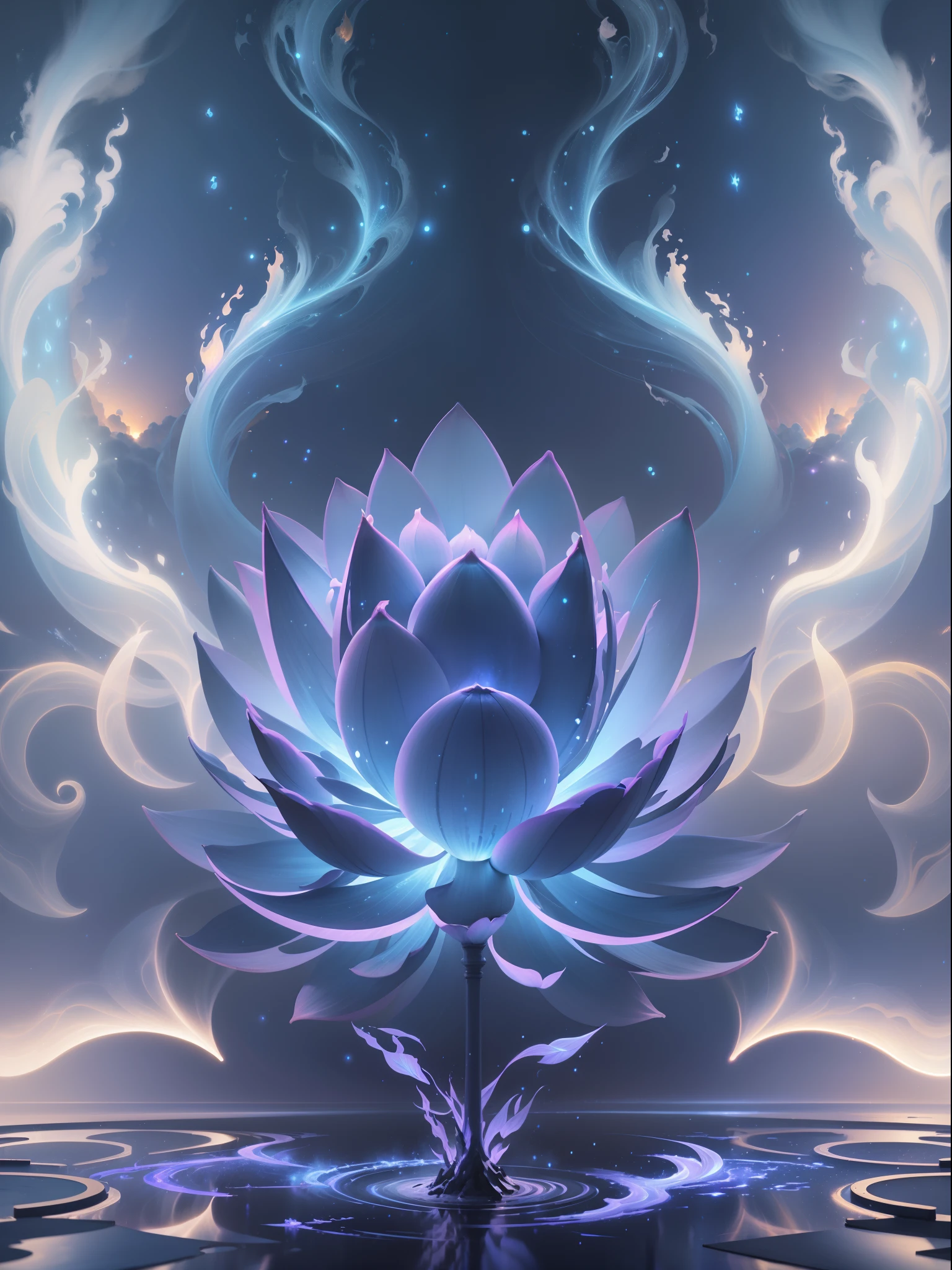 The Great Lotus in the Light of Tyndall {blue white colors}Fire,Lightning arc,Light effects,CG,Blizzard style art trends,Diffuse luminous fog Noctilucent particles,Bright volumetric light - AR 3:4 --s 750 --v 5.2