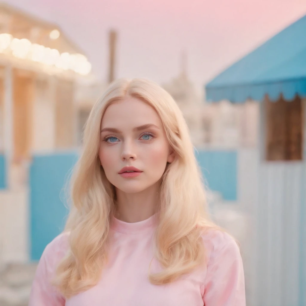 Market, neopop, pastel colors, by jimmy marble, portrait,Blonde long hair, straight hair,pink clothing,straight hair,blue eyes,Barbie