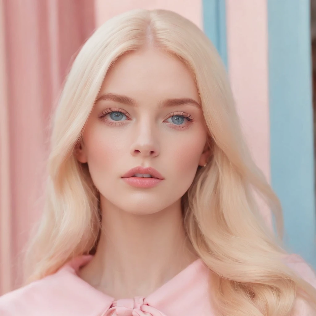 Market, neopop, pastel colors, by jimmy marble, portrait,Blonde long hair, straight hair,pink clothing,straight hair,blue eyes,Barbie