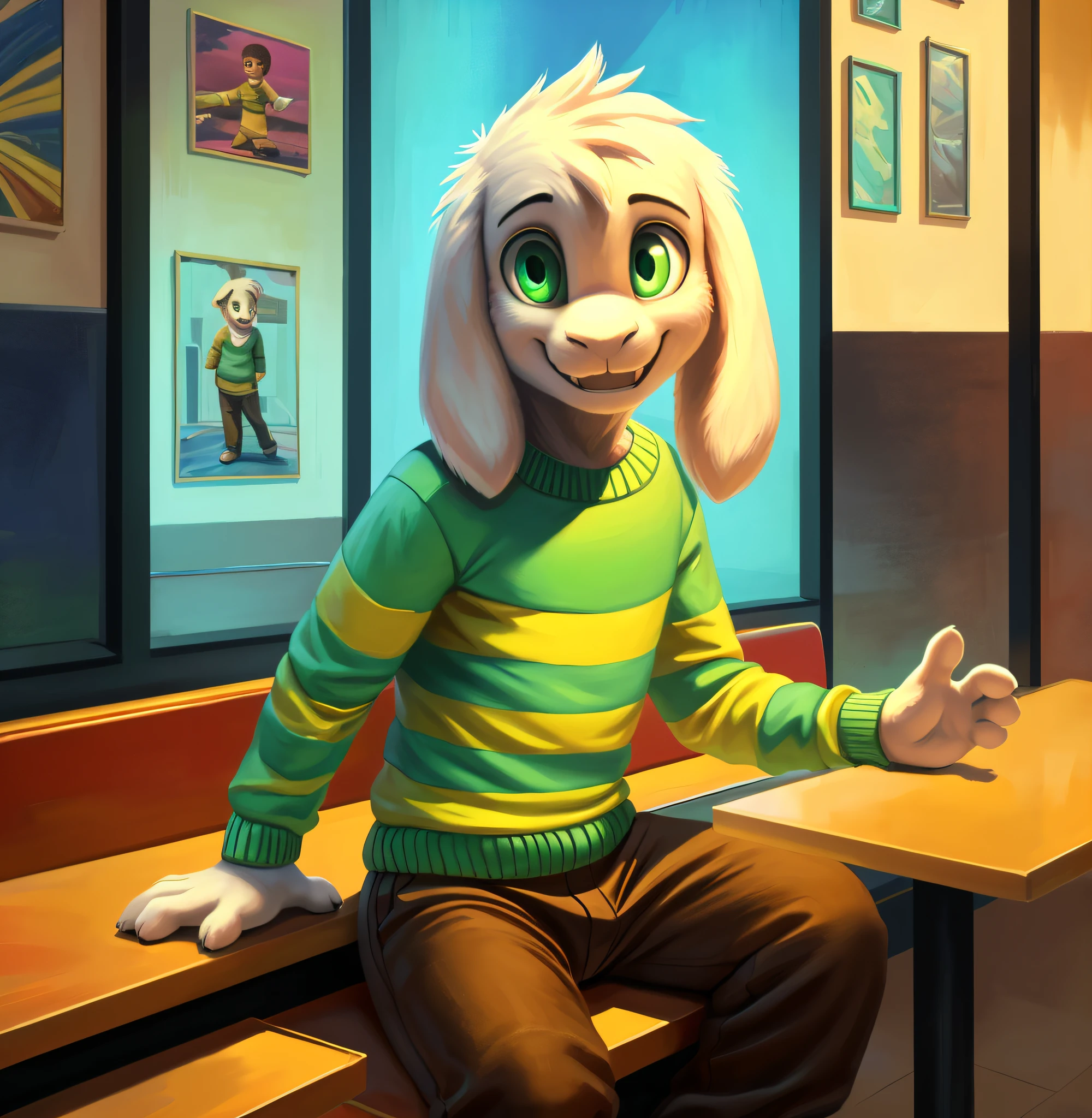 1boy,(( )), green t-shirt, pants, solo, kid, cute, sit, backlit, artistic composition, a pink-blue vaporwave themed retail store, diner, dinner, dramatic, dynamic pose, smiling, happy, great composition, gold, adorable, (green-yellow stripe sweater, brown pants), (best quality, ultra-detailed, best illustration, masterpiece, high res, professional artwork, famous artwork), realistic paint, (insane detailed eyes, green shine eyes), white fur, detailed realistic painting, male, detailed white fur, asriel, portrait, detailed hands, shaded, four fingers, insane details, looking forward, cartoon, cute