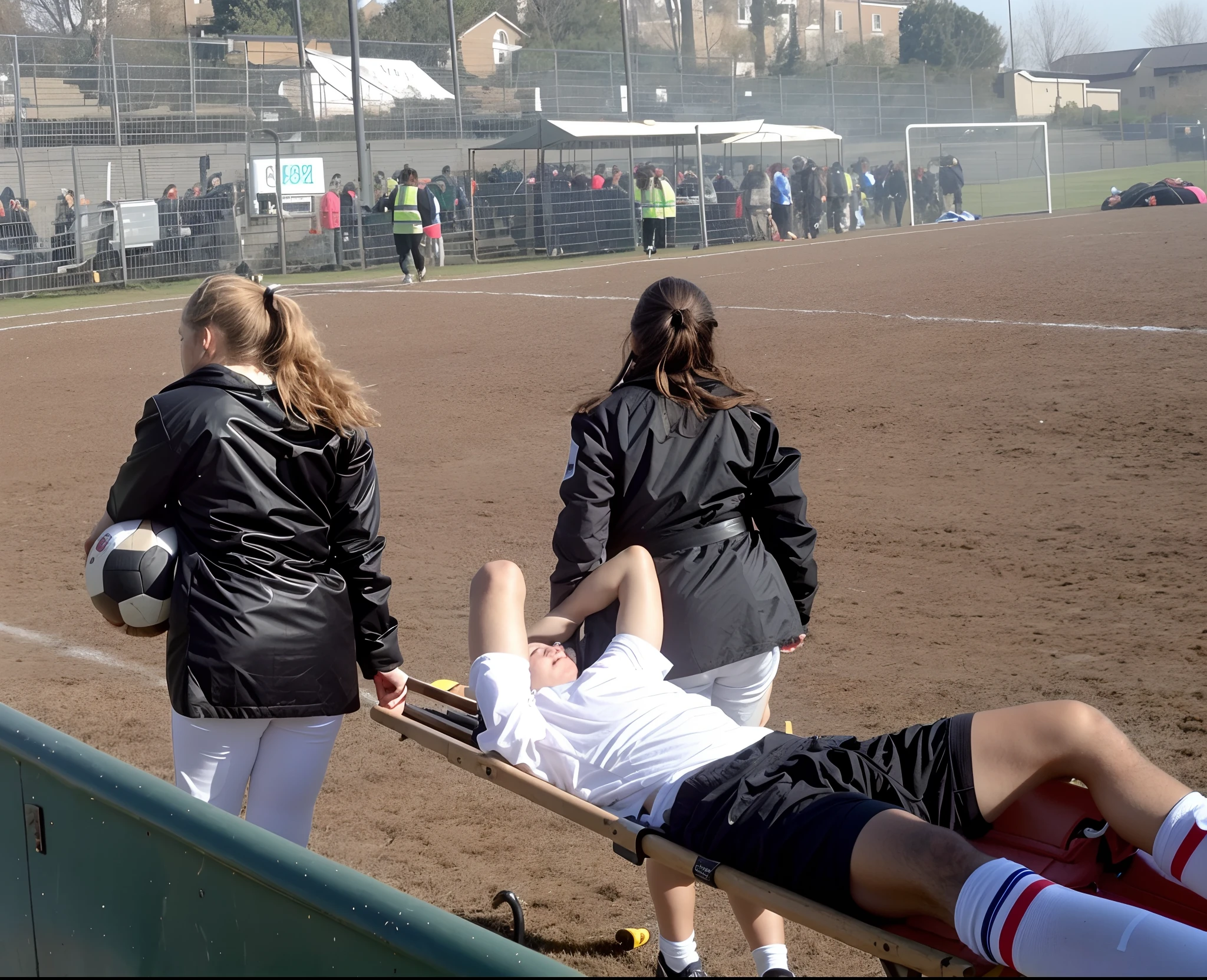 There is a man lying on his back on a stretcher with his hands grabbing his hurting leg, a man in a t-shirt and sports shorts has put his hands on his injured leg, the man has an agonised face looking to the sky, two horny looking longhaired and ponytailed women that are wearing very shiny coats, there are longhaired women with horny faces wearing laquered puffy coats, longhaired women are walking in wetlook puffy coats, several women walking around a football field with an injured athlete on a stretcher, the injured athlete on the stretcher is grabbing his injured leg with both hands, the women look very worried, behind the women there is a frightening atmosphere, there is heavy rainfall in the background, video still, behind the scenes, pity, china, erotic, horny, drama, women in shiny coats are carrying a man on a stretcher in a field, football hooligans, over-shoulder shot, on a soccer field, very sad, sad scene, realistic scene, injured, on the field, photo taken from behind, over the shoulder shot, looking partly to the left, on a football field, realistic shot