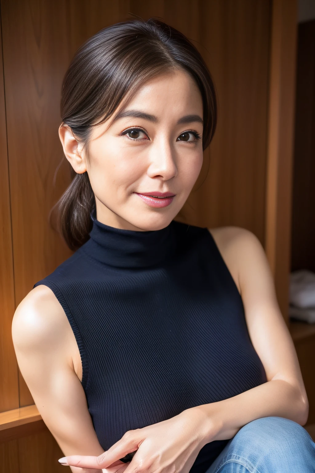 japanese mature, (Solo), 50 years old, (Wrinkles at the corners of the eyes:1.2), Large breasts, A MILF, glamor, A sexy, Chromo-white skin, Looking at Viewer、Super large udder、Wearing a sleeveless turtleneck knit、Tight Fit Knitted Dresses、Muchimuchi、Black pantyhose、high-heels、ssmile、Public places、squatting、Panchira